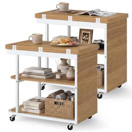 Costway - 2 PCS Sofa Side Table, Mobile Night Stand with Foldable Swivel Top, 2-Tier Shelf - Natural & White