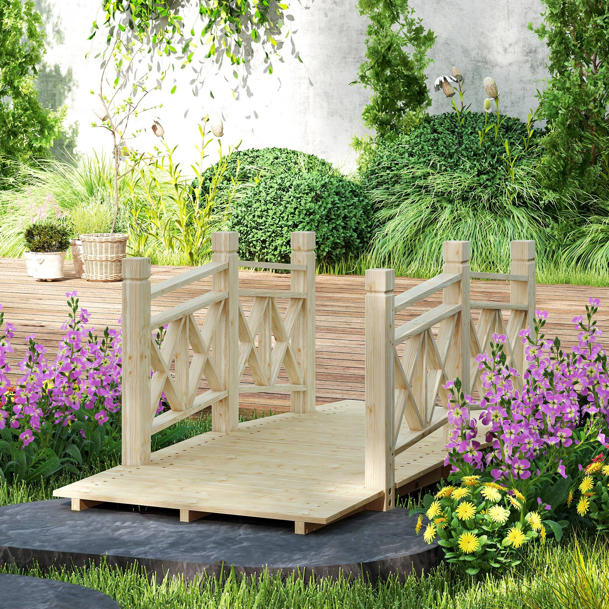 Angle. Outsunny - 5 ft. Wooden Garden Bridge with Safety Rails, Backyard Bridge Footbridge for Ponds, Creeks, Streams - Nature Wood.