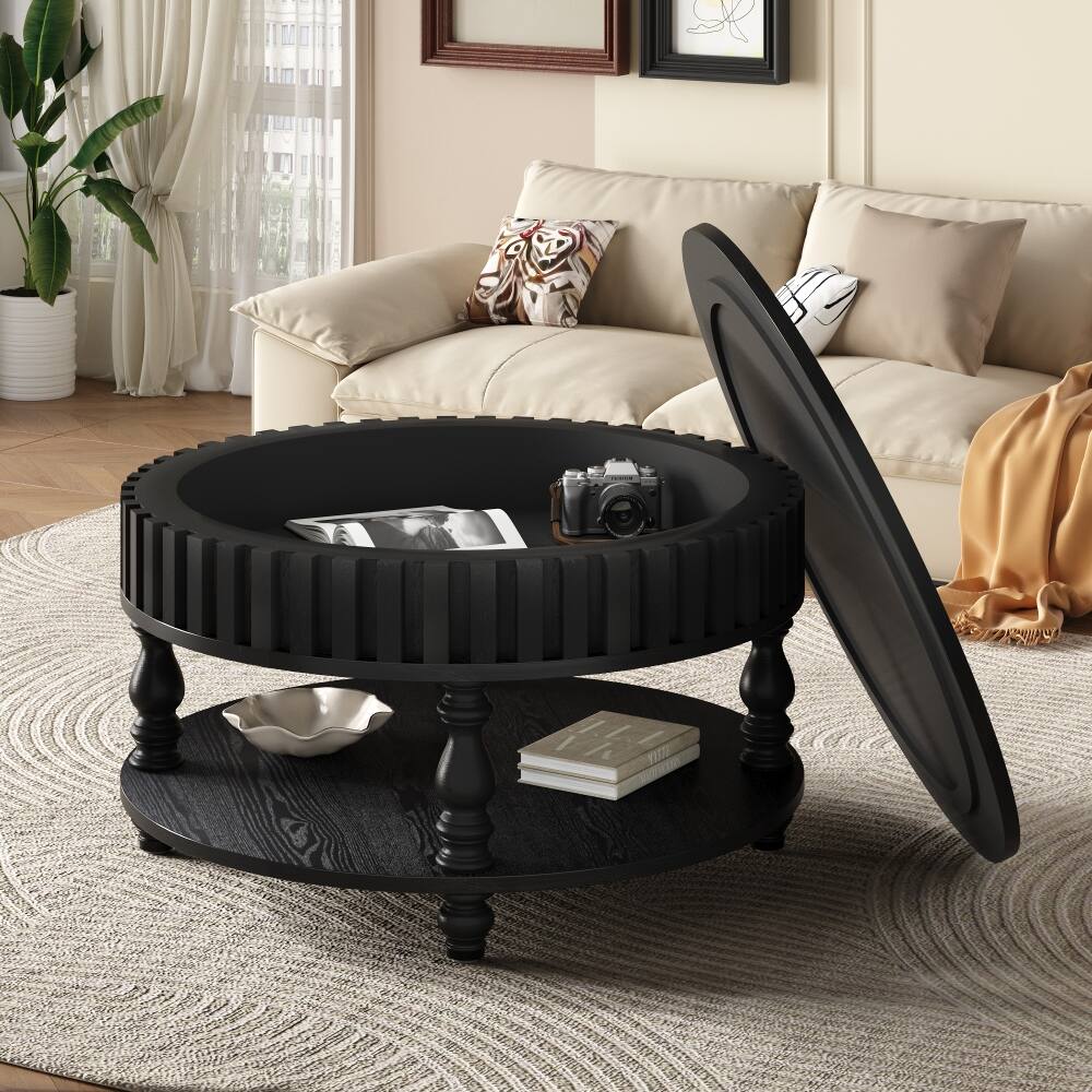 Angle. Loheer - Loheer Black Fluted Coffee Table, Round Center Table with Storage, Solid Wood Legs - Black.