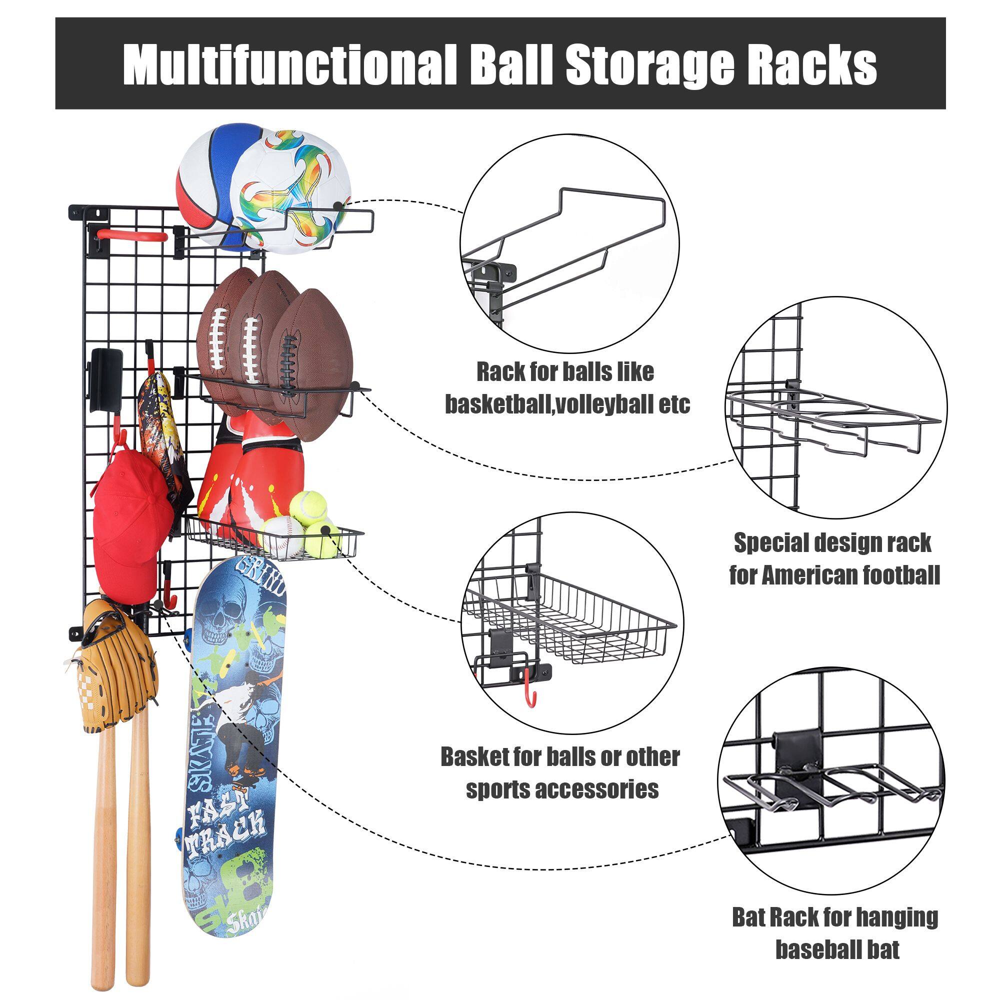 Multifunctional Ball Storage Racks

- Rack for balls like basketball, volleyball etc
- Special design rack for American football
- Basket for balls or other sports accessories
- Bat Rack for hanging baseball bat