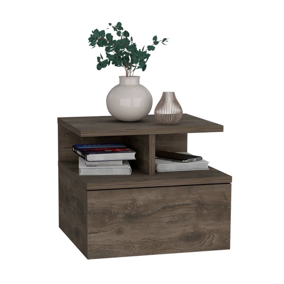 Alt View 2. Loheer - Loheer Floating Nightstand with Drawer, Two-Tier Shelf, Dark Walnut, 12-Inch Height - Brown.