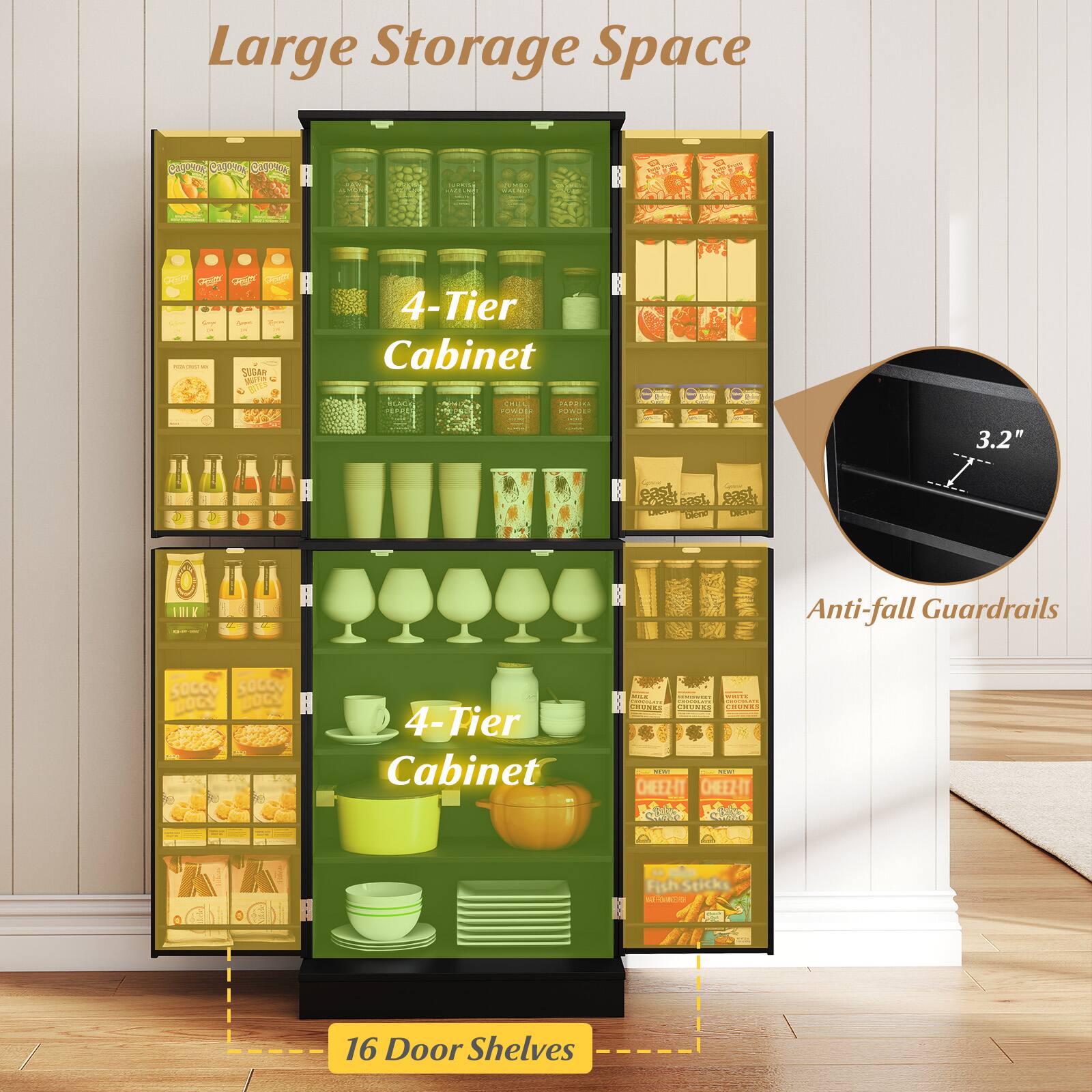 Large Storage Space

4-Tier Cabinet

Anti-fall Guardrails

3.2"

4-Tier Cabinet

16 Door Shelves

CHEEZ-IT

FishSticks

Coke