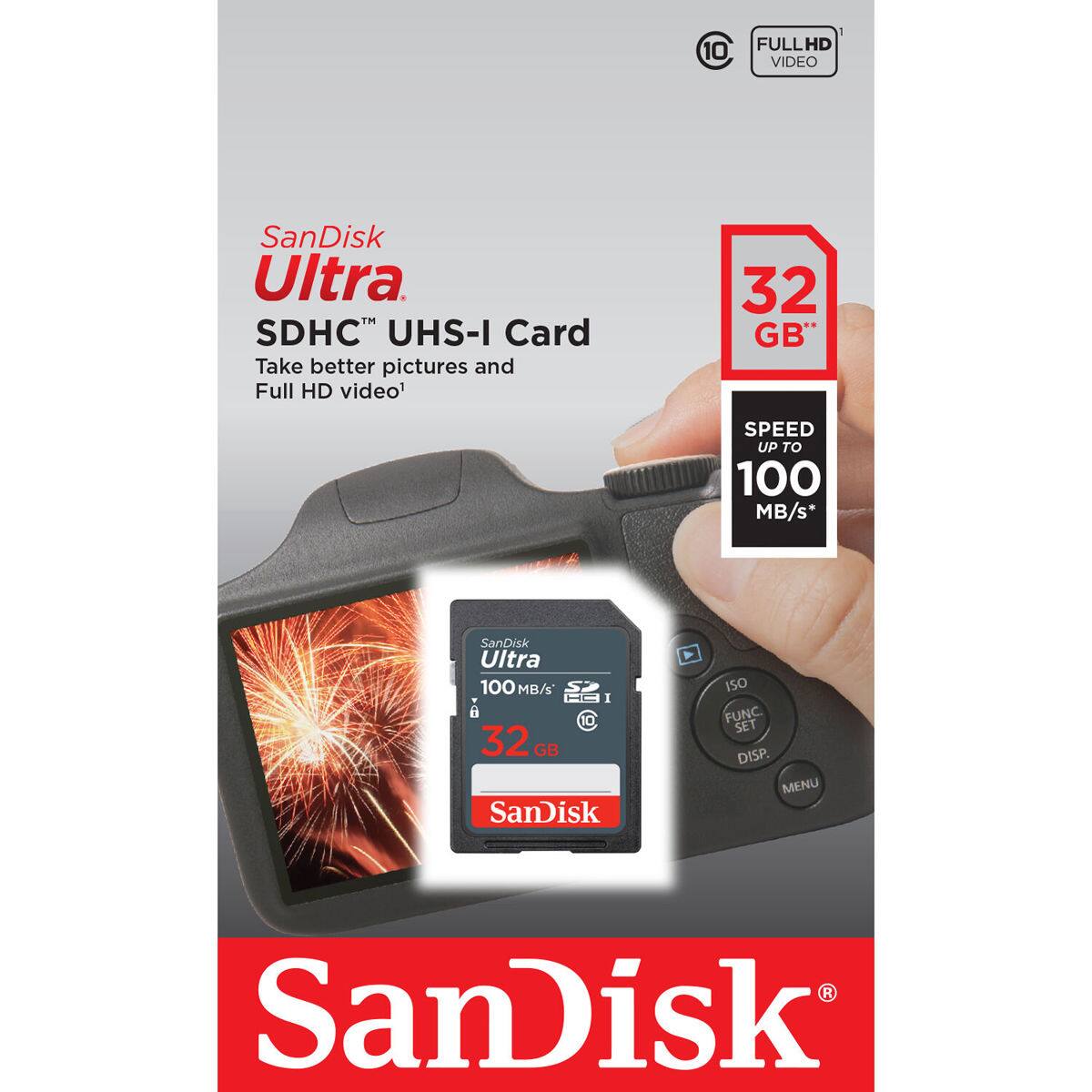 10
FULLHD VIDEO
SanDisk Ultra SDHC UHS-I Card Take better pictures and Full HD video1
32 GB
SPEED UP TO 100 MB/s*
SanDisk Ultra 100MB/s S7 HC I A 10 32 GB GB SanDisk
ISO FUNC SET DISP. MENU
R SanDisk