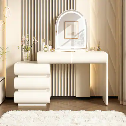 Front. Whisen - Leather Dresser Vanity Table,2-in-1 Makeup Vanity Desk with LED Mirror and 5 Storage Drawers - Beige.