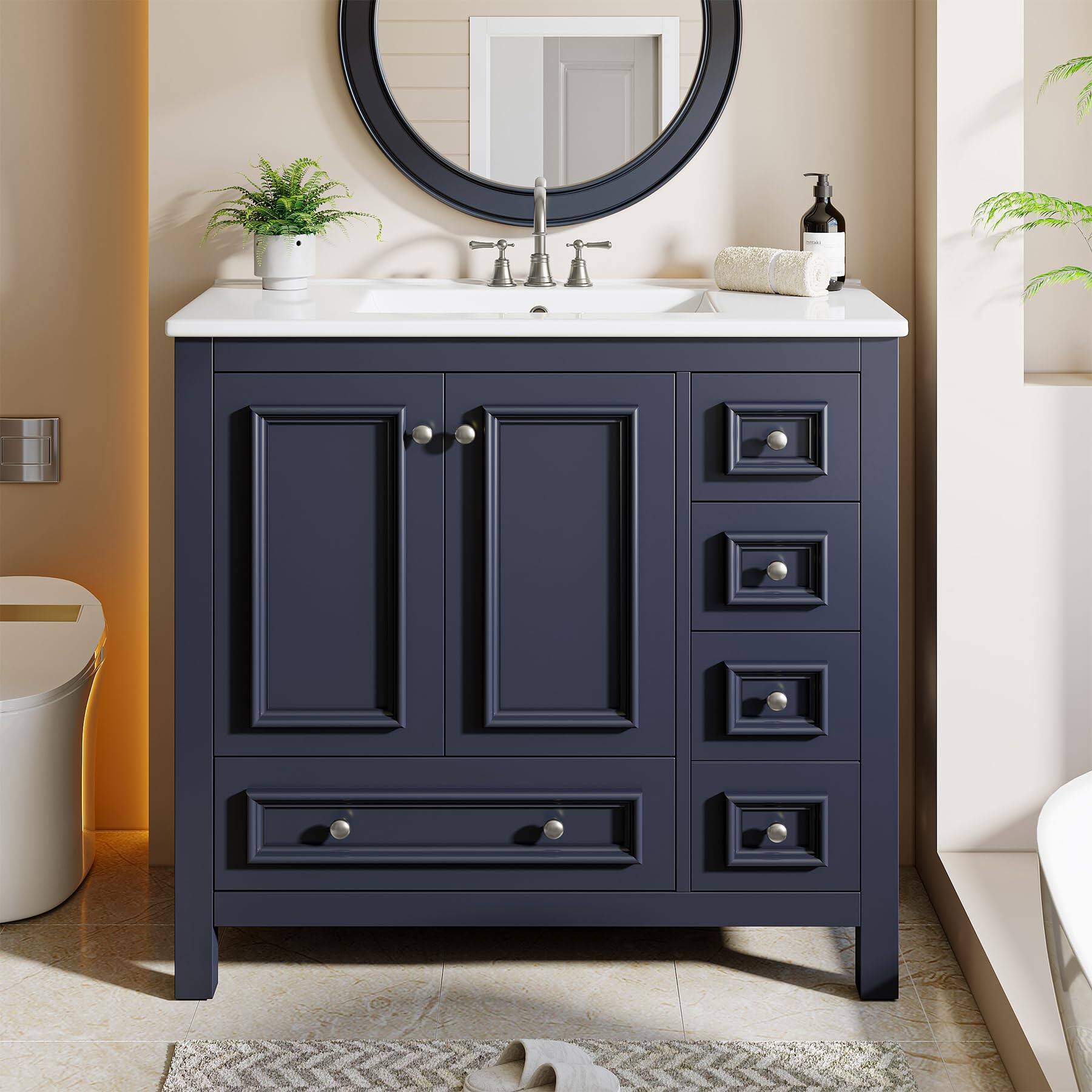 Front. Tribesigns - 36" Bathroom Vanity with Sink, Freestanding Bathroom Vanities Cabinet with Ceramic Basin Combo, Bathroom Sink Cabinet wi - Navy Blue.