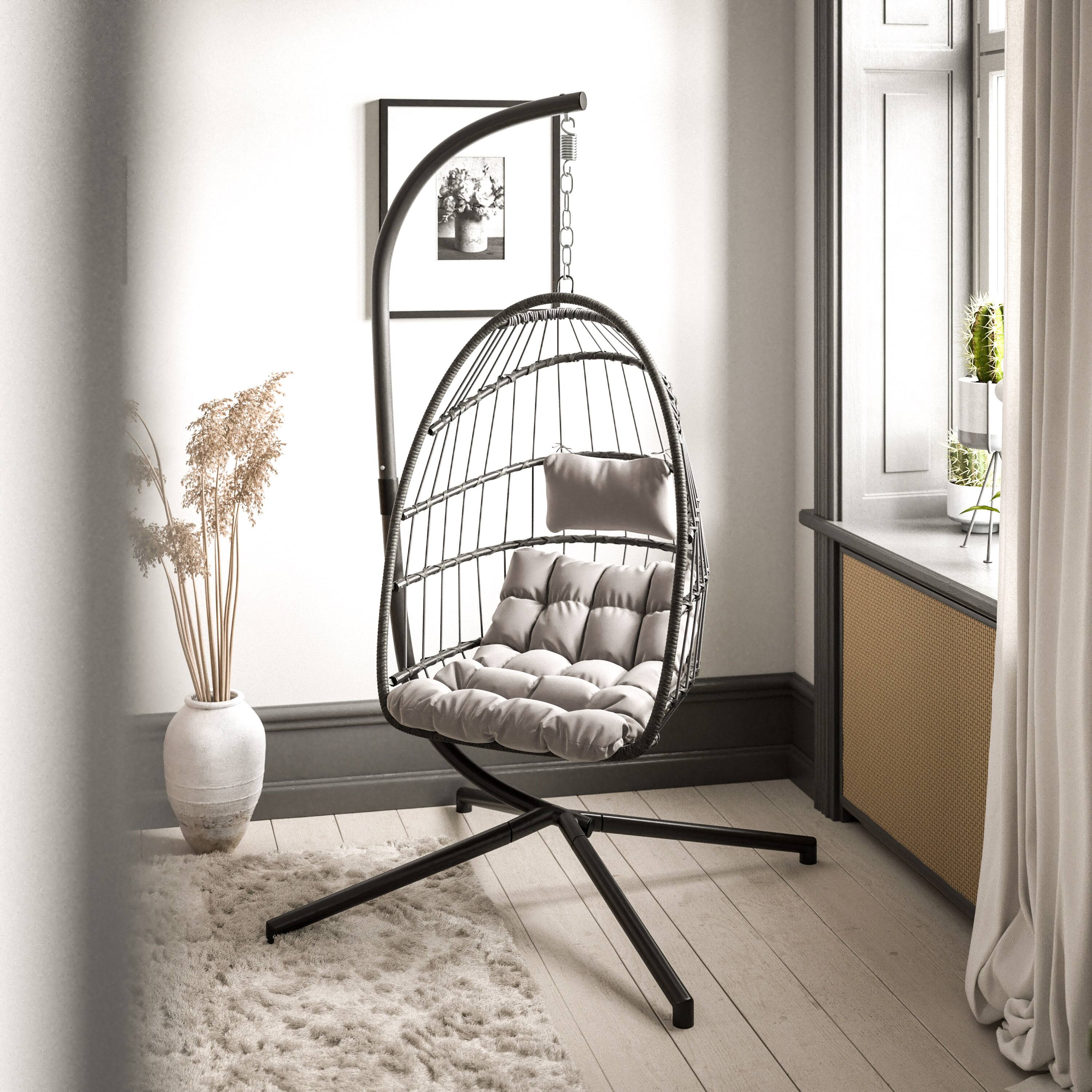 Alt View 1. Emma + Oliver - Awen Foldable Hanging Egg Chair with Woven Finish, Removable Cushions, and Included Stand for Indoor and Outdoor Use - Gray.