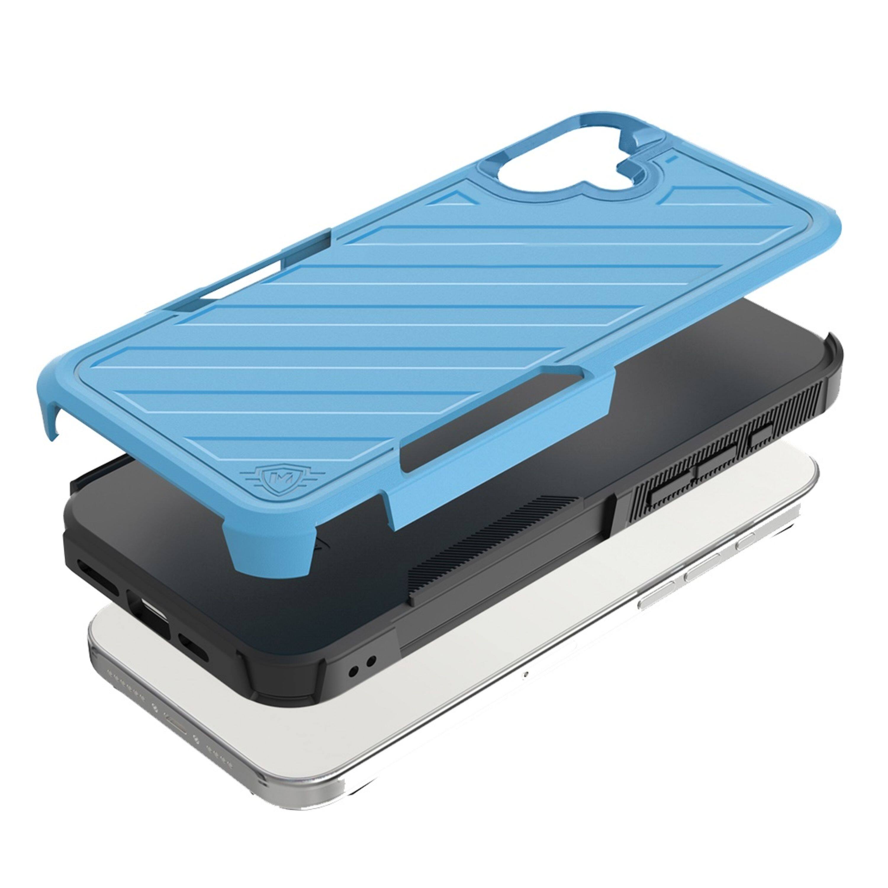 Left. Kitcheniva - Shockproof Dual Layer Lined Phone Case With Tempered Glass For iPhone 16 Plus Sky Blue/Black - Sky Blue/Black.