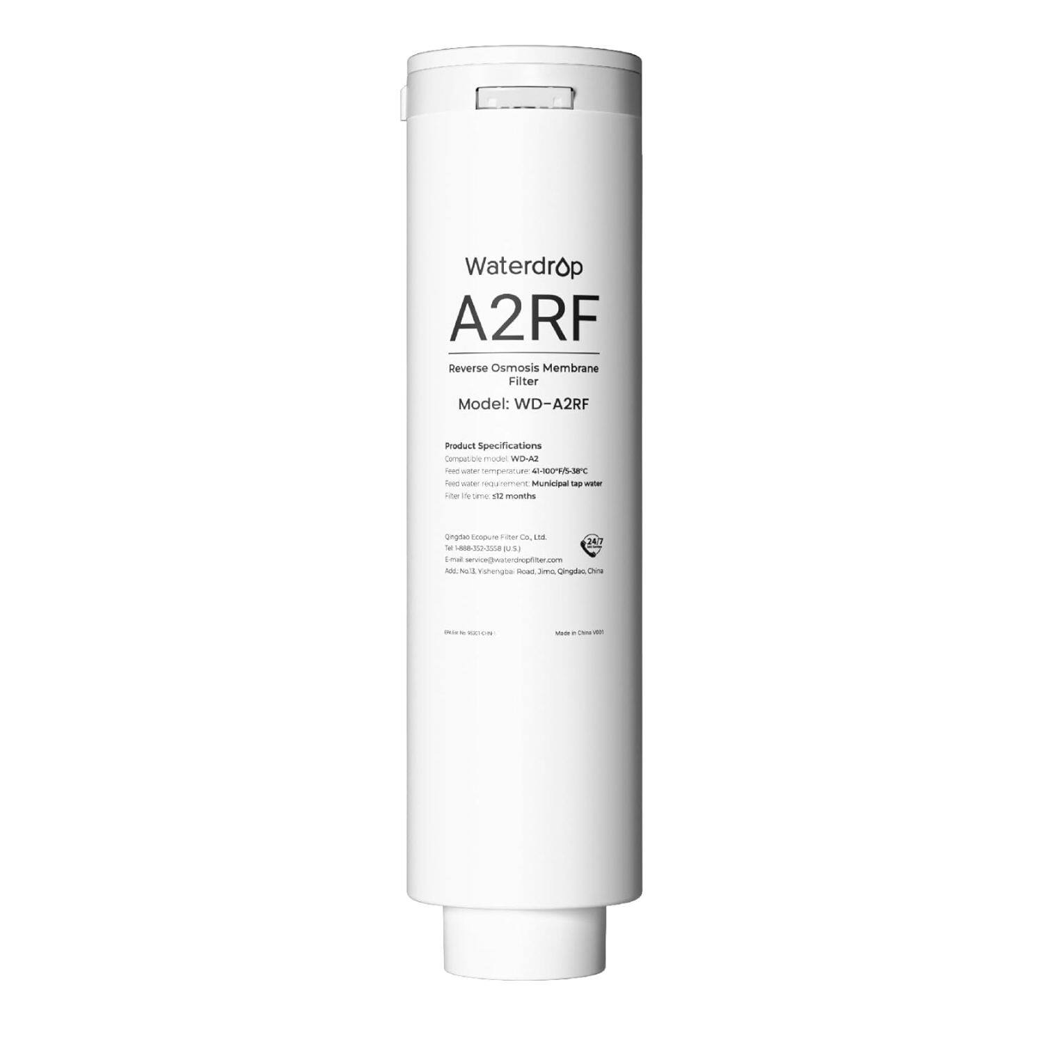 Waterdrop  
A2RF  
Reverse Osmosis Membrane Filter  
Model: WVD-A2RF  

Product Specifications  
Compatible model: WO-AZ  
Feed water requirement: 4-100% TDS, 38°C  
Municipal tap water  
Filter life time: 12 months  

Qingdao Topclean Filter Co., Ltd  
Set 18883-30350, U.S. 1st  
Email: service@waterdropfilter.com  
Add: No. 18883-30350, U.S. 1st  
Made in China  

Made in China V1.01