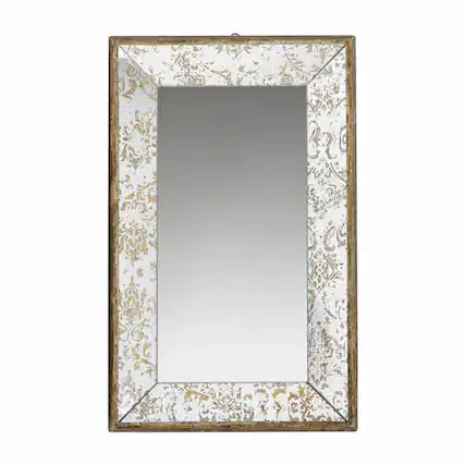 Front. RYHNUYNE - 20 x 12 Inch Antique Silver Rectangle Wall Mirror, Floral Accents, Mirrored Frame, Hanging Display Tray - Silver.