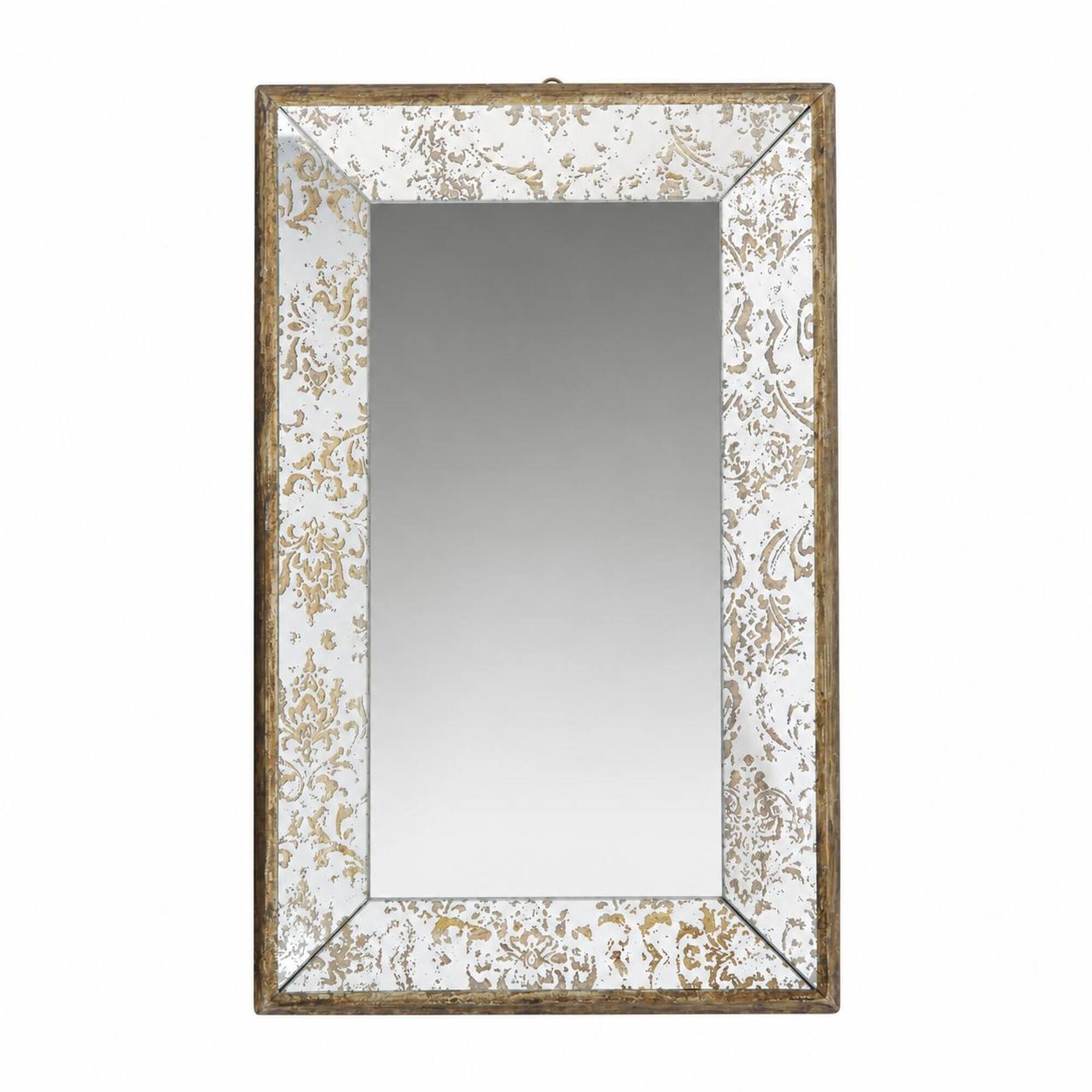 Front. RYHNUYNE - 20 x 12 Inch Antique Silver Rectangle Wall Mirror, Floral Accents, Mirrored Frame, Hanging Display Tray - Silver.