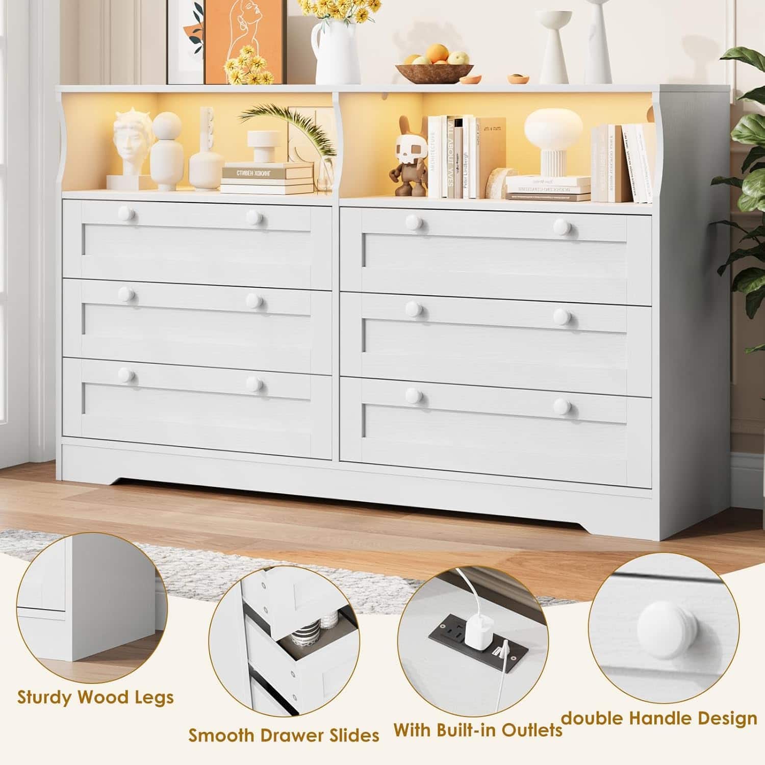 Qeetex - 55" 6-Drawer Wood Dresser, Modern Storage Organizer for Bedroom, Living Room, Closet & Entryway - White