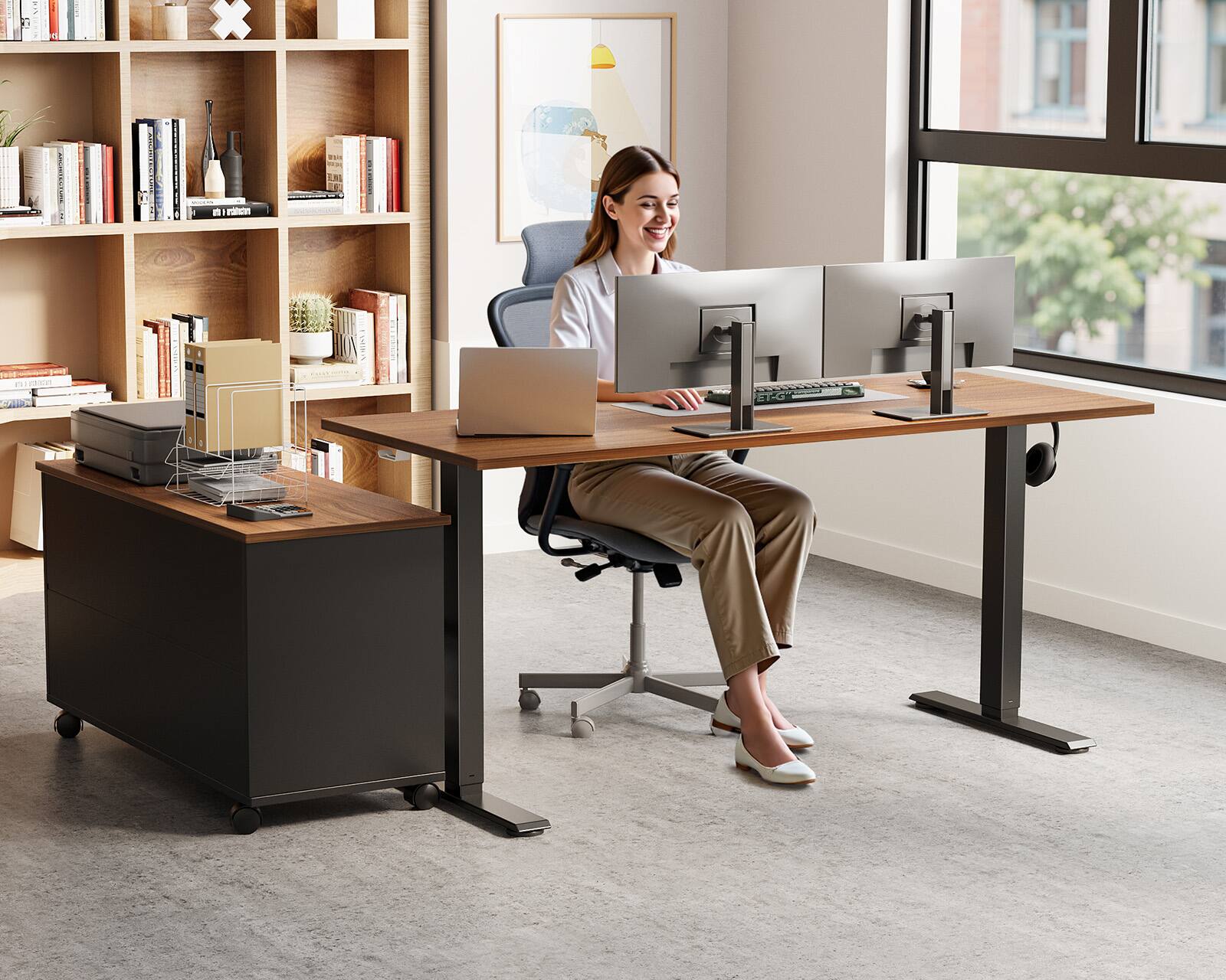 Alt View 1. OffiGo - L Shaped Electric Standing Desk with Drawers & File Cabinet, Height Adjustable Computer Desk for Home Office - Walnut+black.