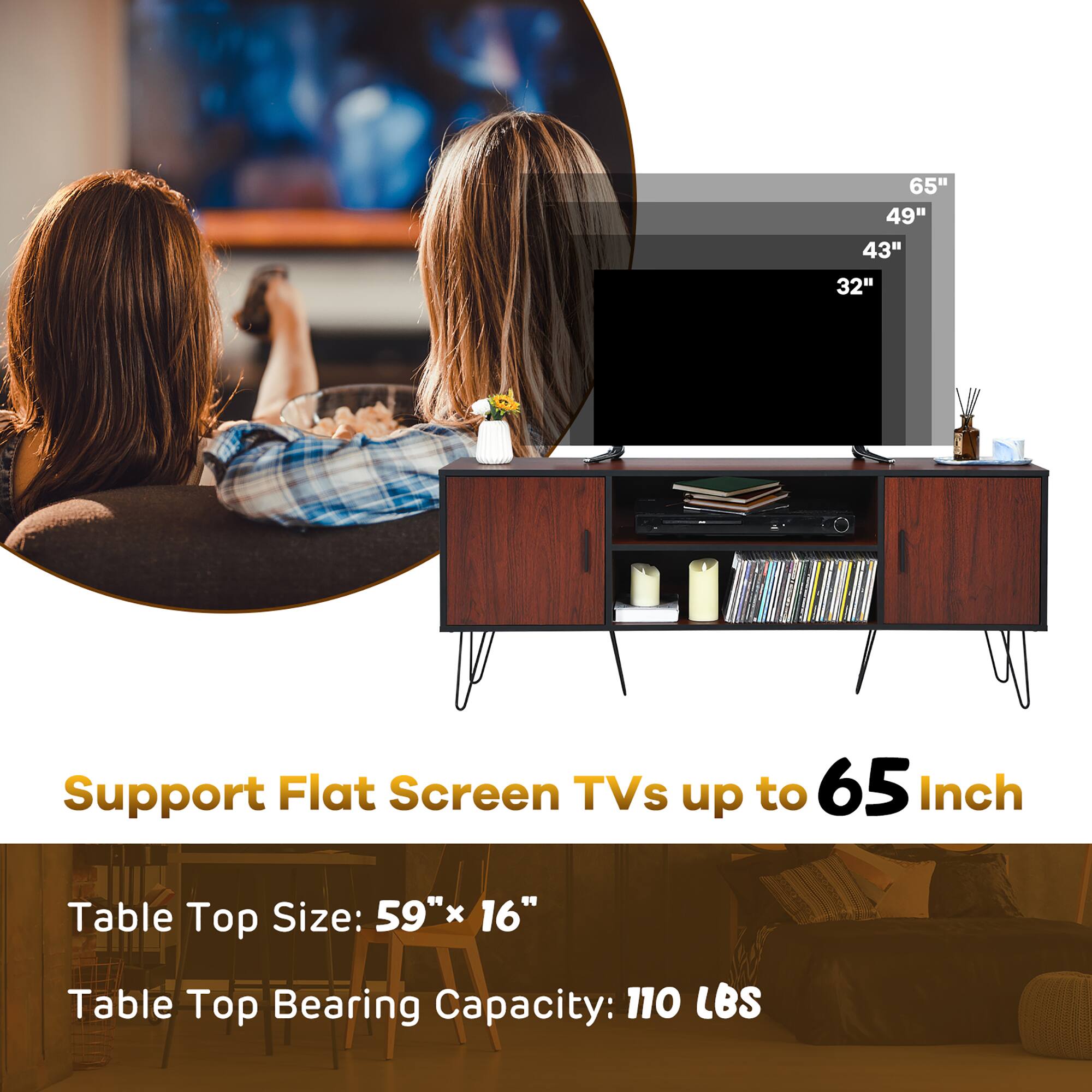 The text on the image is grouped and corrected as follows:

"65" 49" 43" 32" Support Flat Screen TVs up to 65 Inch Table Top Size: 59"x 16" Table Top Bearing Capacity: 110 LBS."