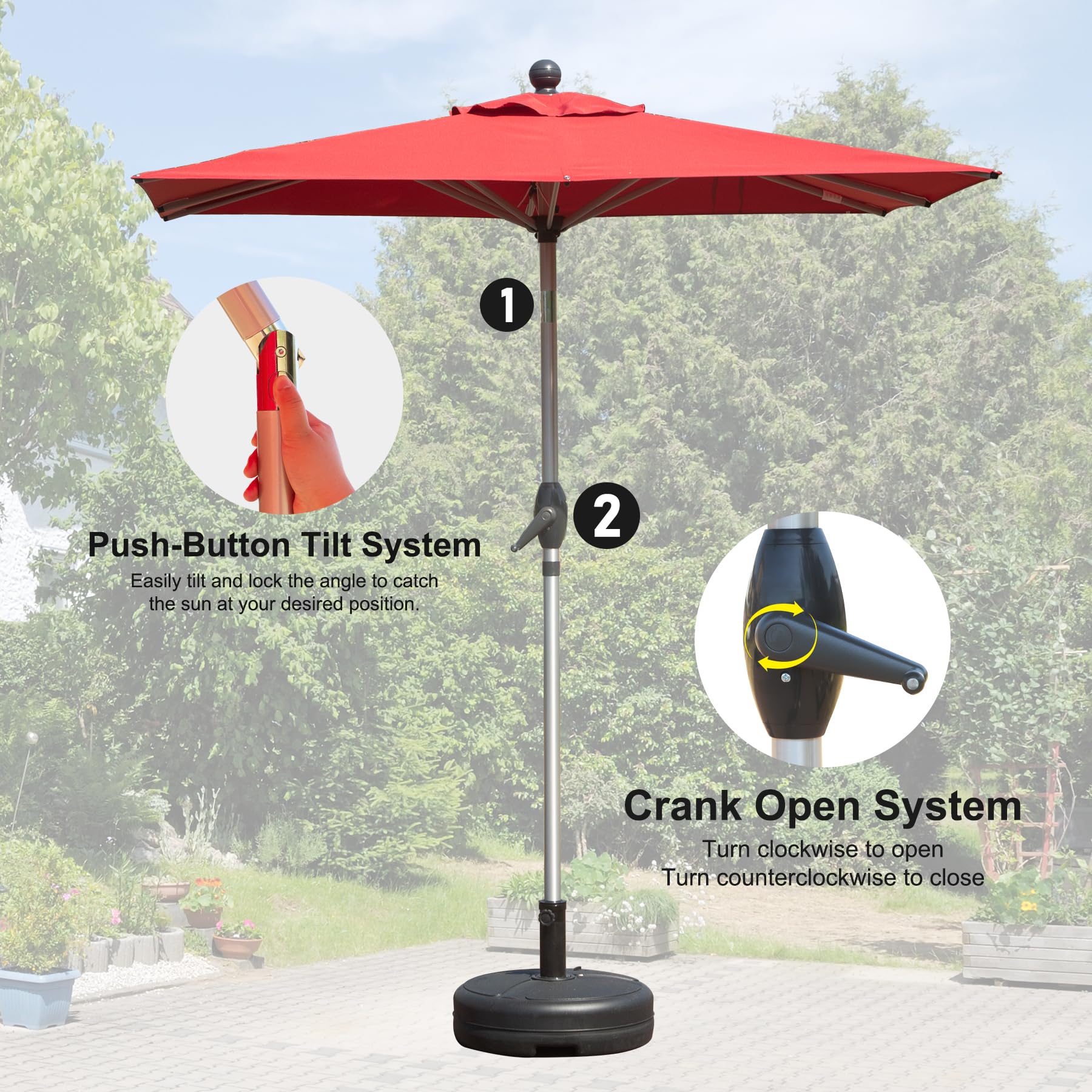 1. Push-Button Tilt System  
   Easily tilt and lock the angle to catch the sun at your desired position.

2. Crank Open System  
   Turn clockwise to open  
   Turn counterclockwise to close