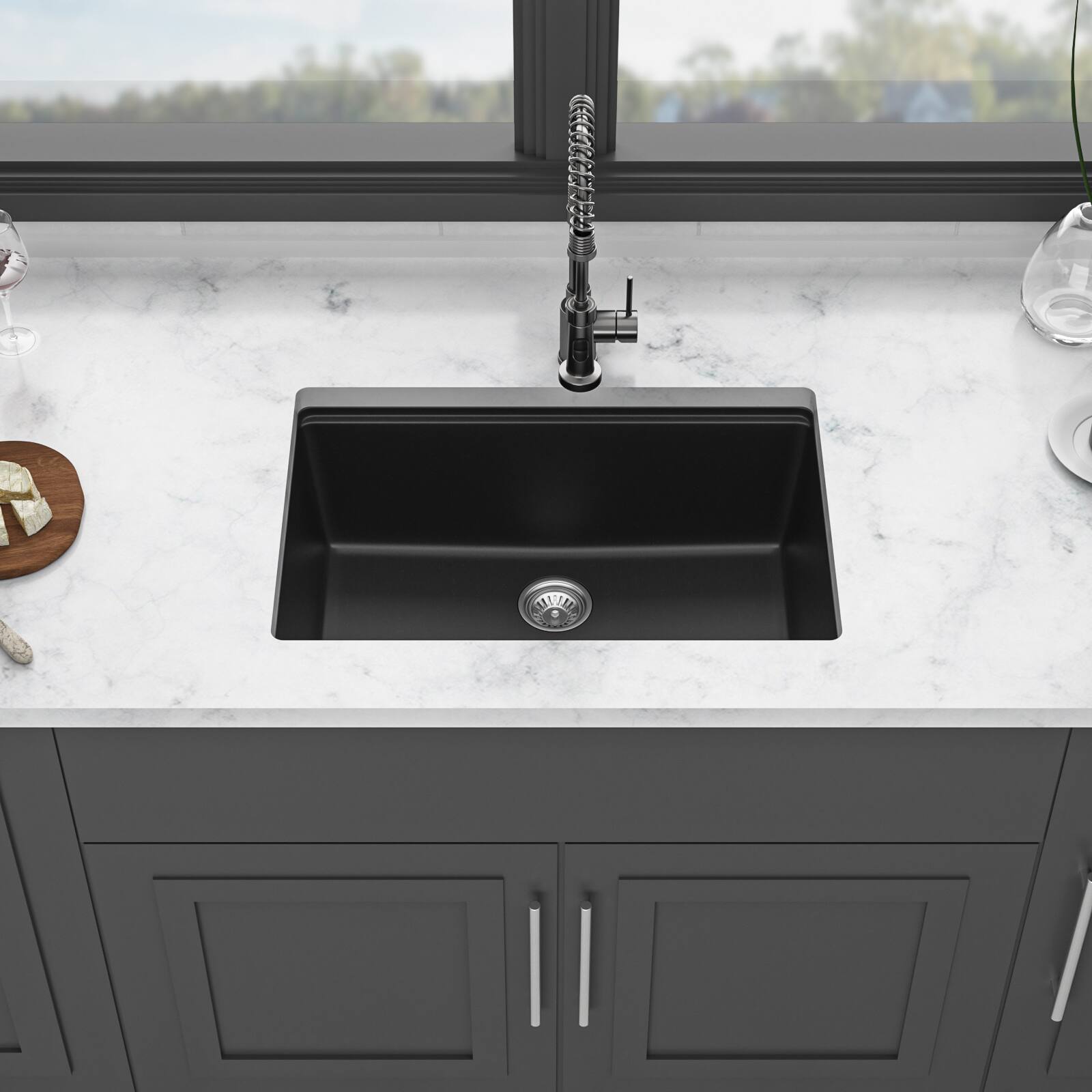 Back. Siljoy - Quartz Kitchen Sink - 28" x 19" x 9.65" Black granite composite Workstation undermount kitchen sink - Black.