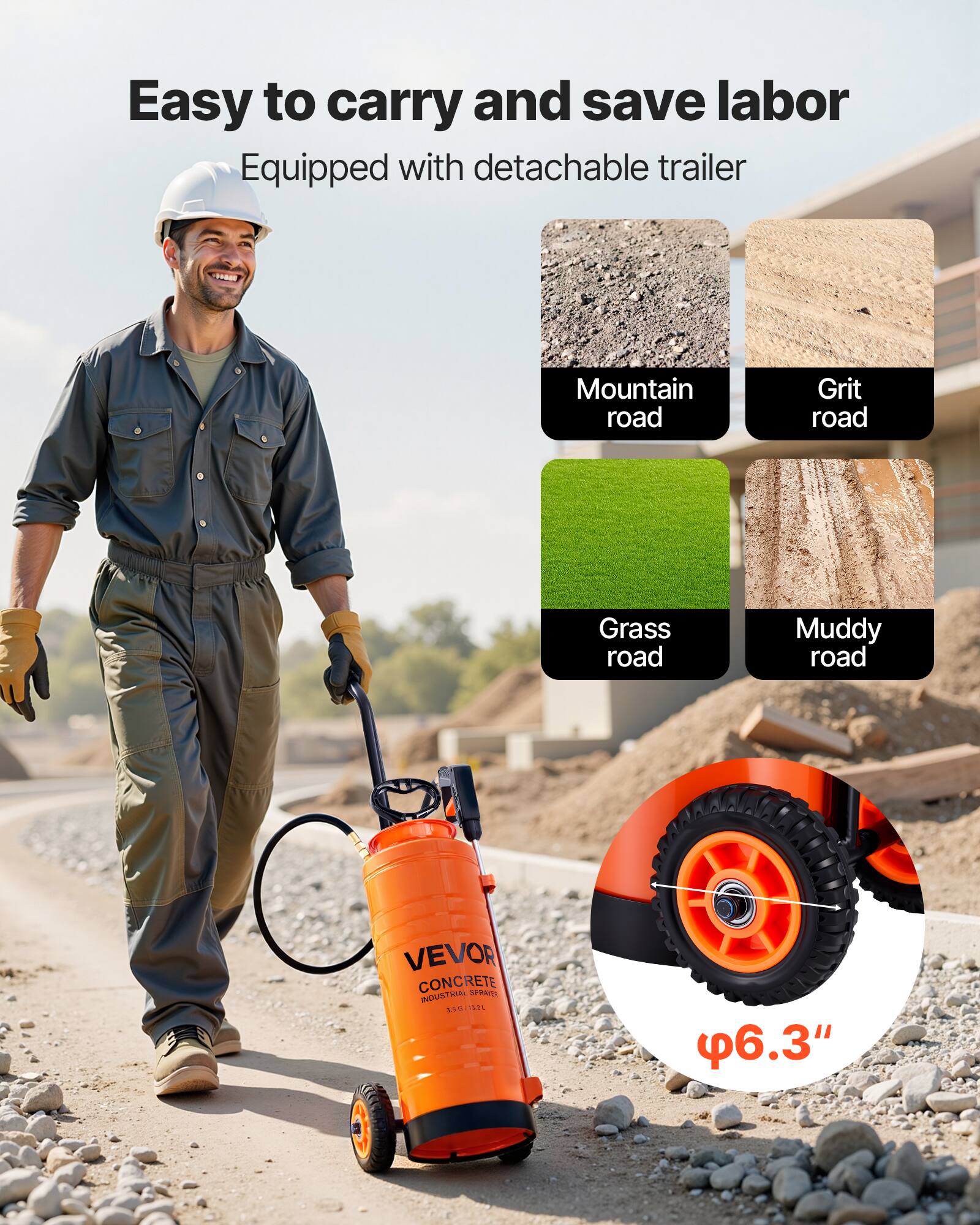 Easy to carry and save labor  
Equipped with detachable trailer  

Mountain road  
Grit road  
Grass road  
Muddy road  

VEVOR CONCRETE SPRAYER INDUSTRIAL 35G.1LEL  
Φ6.3"