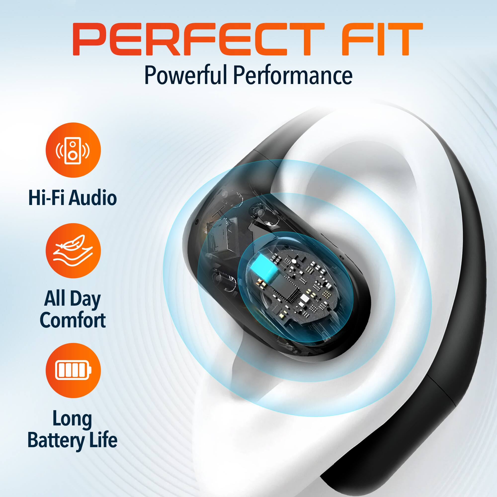 PERFECT FIT
Powerful Performance
Hi-Fi Audio
All Day Comfort
Long Battery Life