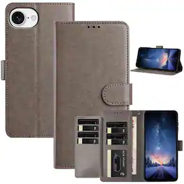 Dteck - Wallet Folio Case for Apple iPhone 16e/17e, Shockproof Magnetic PU Leather Flip Card Slots Stand Case - Gray