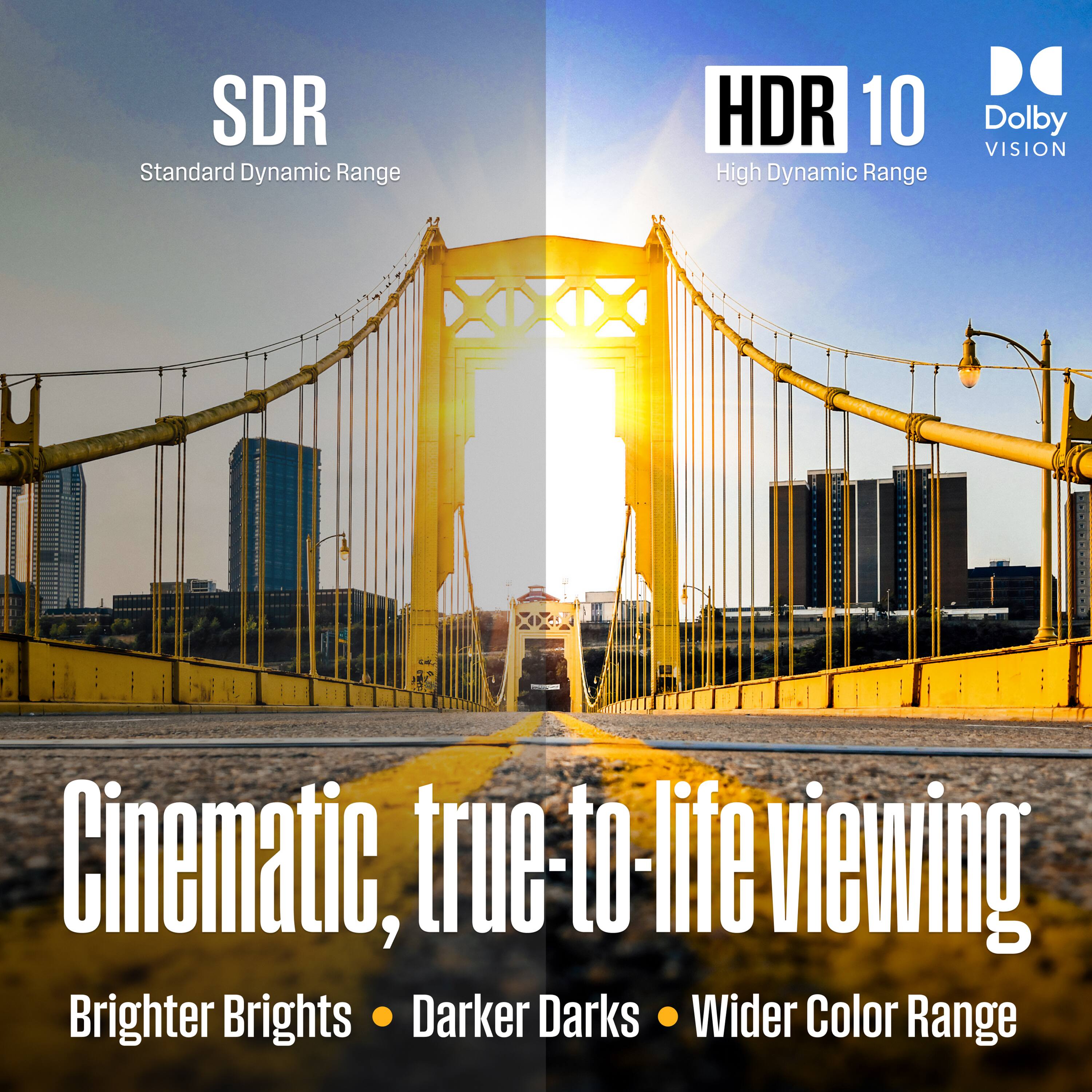 SDR  
Standard Dynamic Range  

HDR 10  
High Dynamic Range  

Dolby VISION  

Cinematic, true-to-life viewing  

Brighter Brights • Darker Darks • Wider Color Range