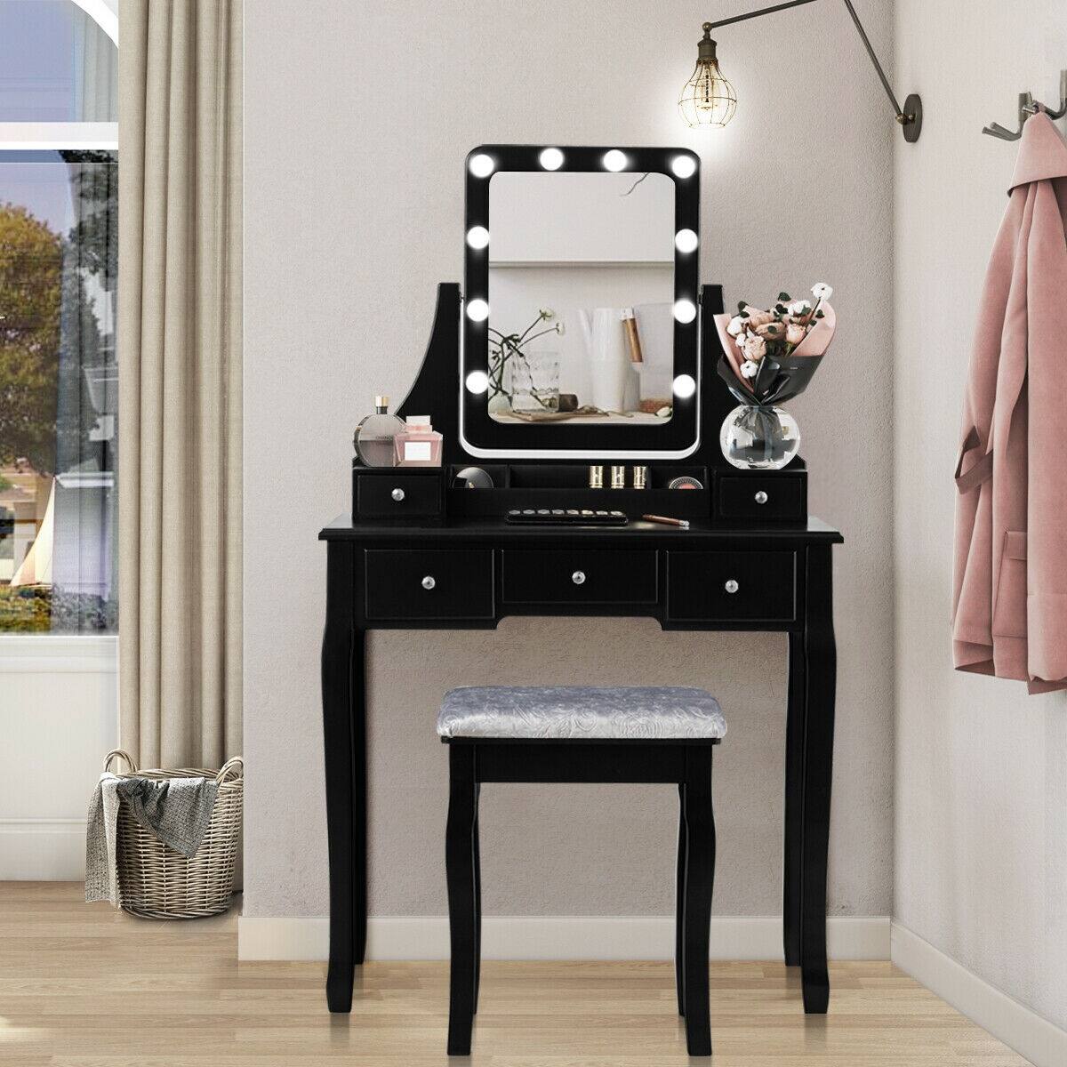 Alt View 9. Ecooso - Vanity Dressing Table Set with 10 Dimmable Bulbs and Cushioned Stool - Black.