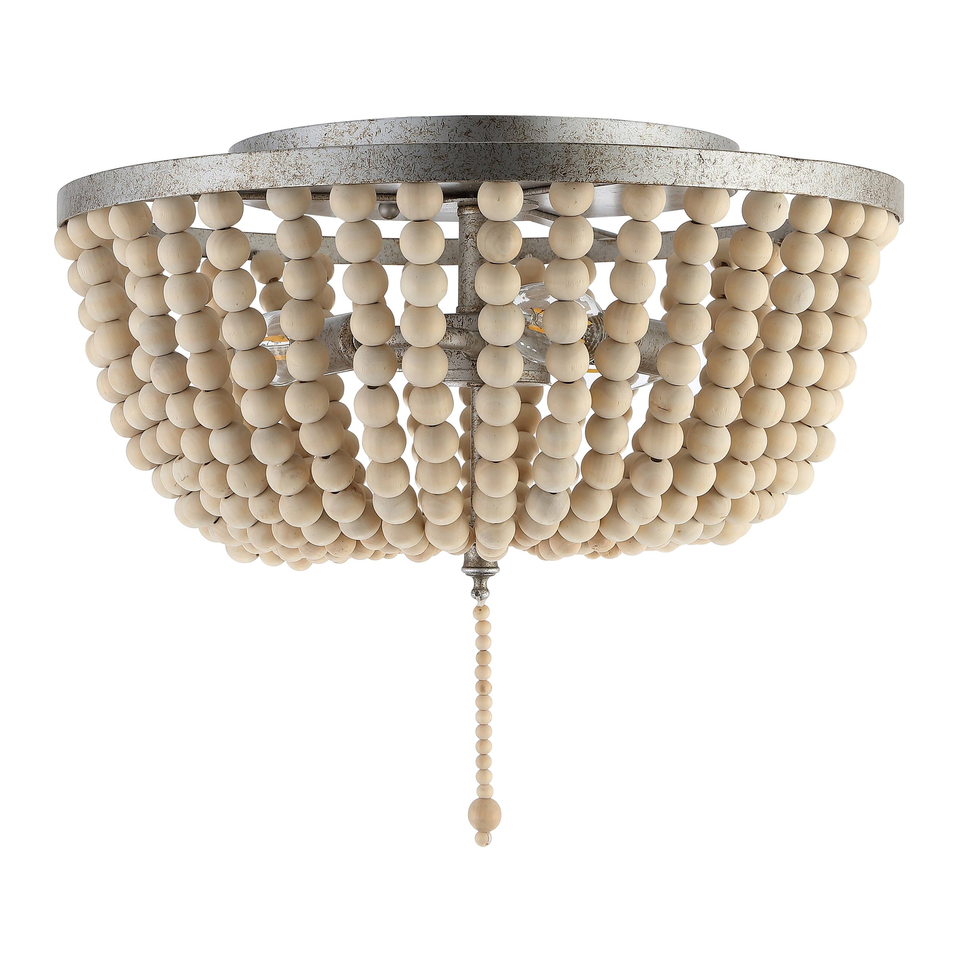 Alt View 7. Jonathan Y - Allison 15" 3-Light Shabby Chic Farmhouse Wood Beaded/Metal LED Flush Mount, Antique Silver/Cream - Antique Silver/Cream.