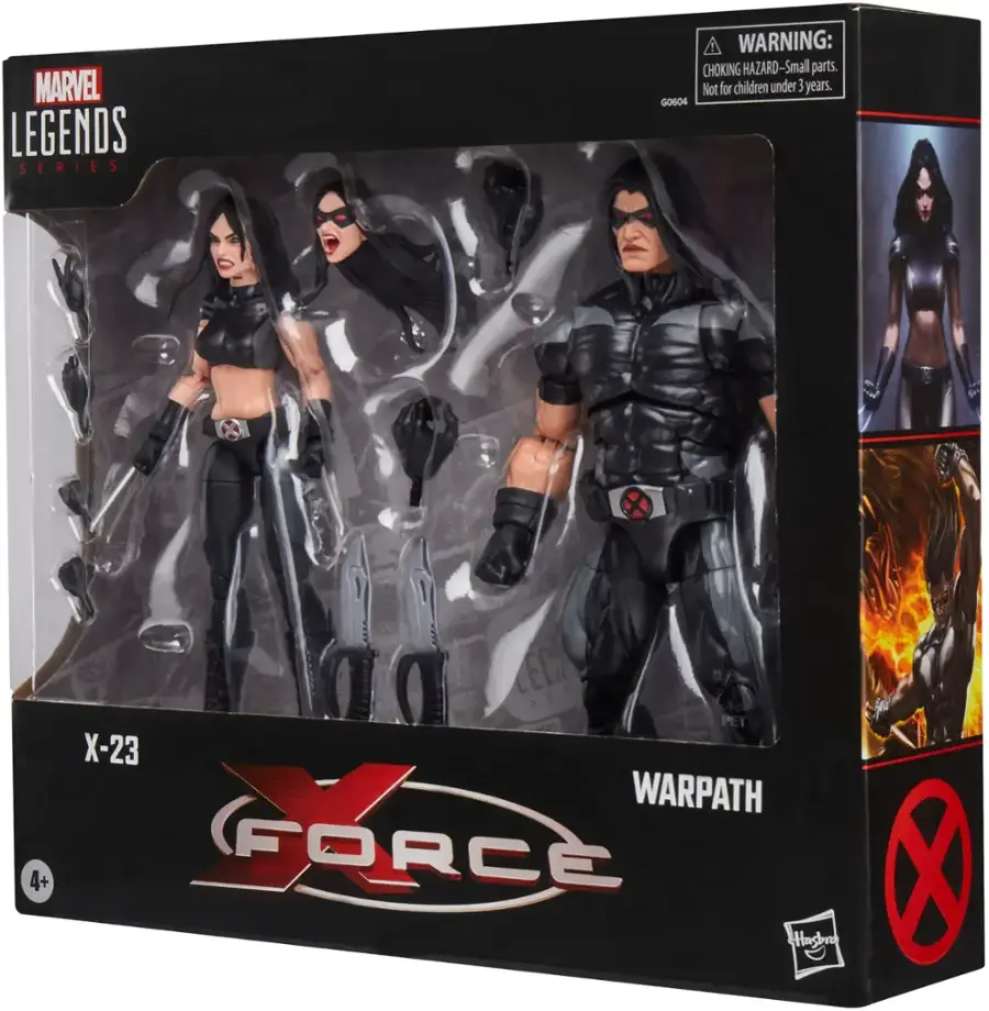 The image features a box containing a Marvel Legends X-23 Warpath figure. The box warns that there may be small parts that pose a choking hazard, and it is not suitable for children under 3 years old. The figure itself is a representation of the character X-23, who is a member of the X-Force.
