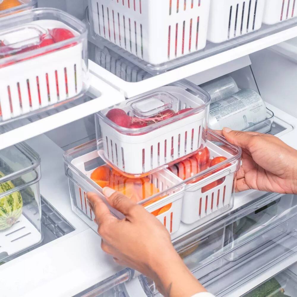 Alt View 9. OU - OU Fridge Organizer Bins with Drain Baskets & Vented Lids, Clear Stackable Refrigerator Container - Clear.