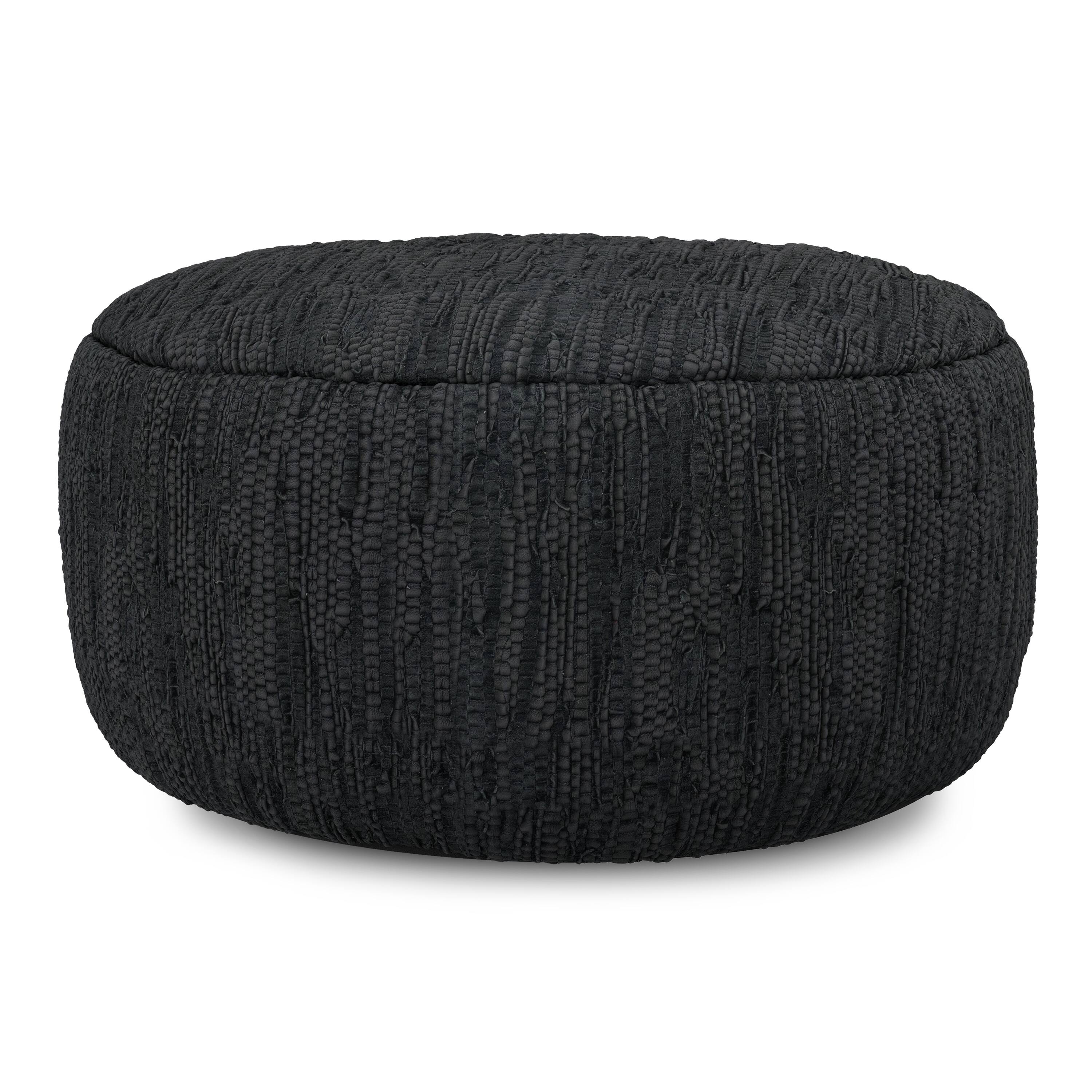 Alt View 1. Simpli Home - Fredrik 30 inch Wide Boho Pouf in Black Genuine Woven Leather, Assembled - Black.