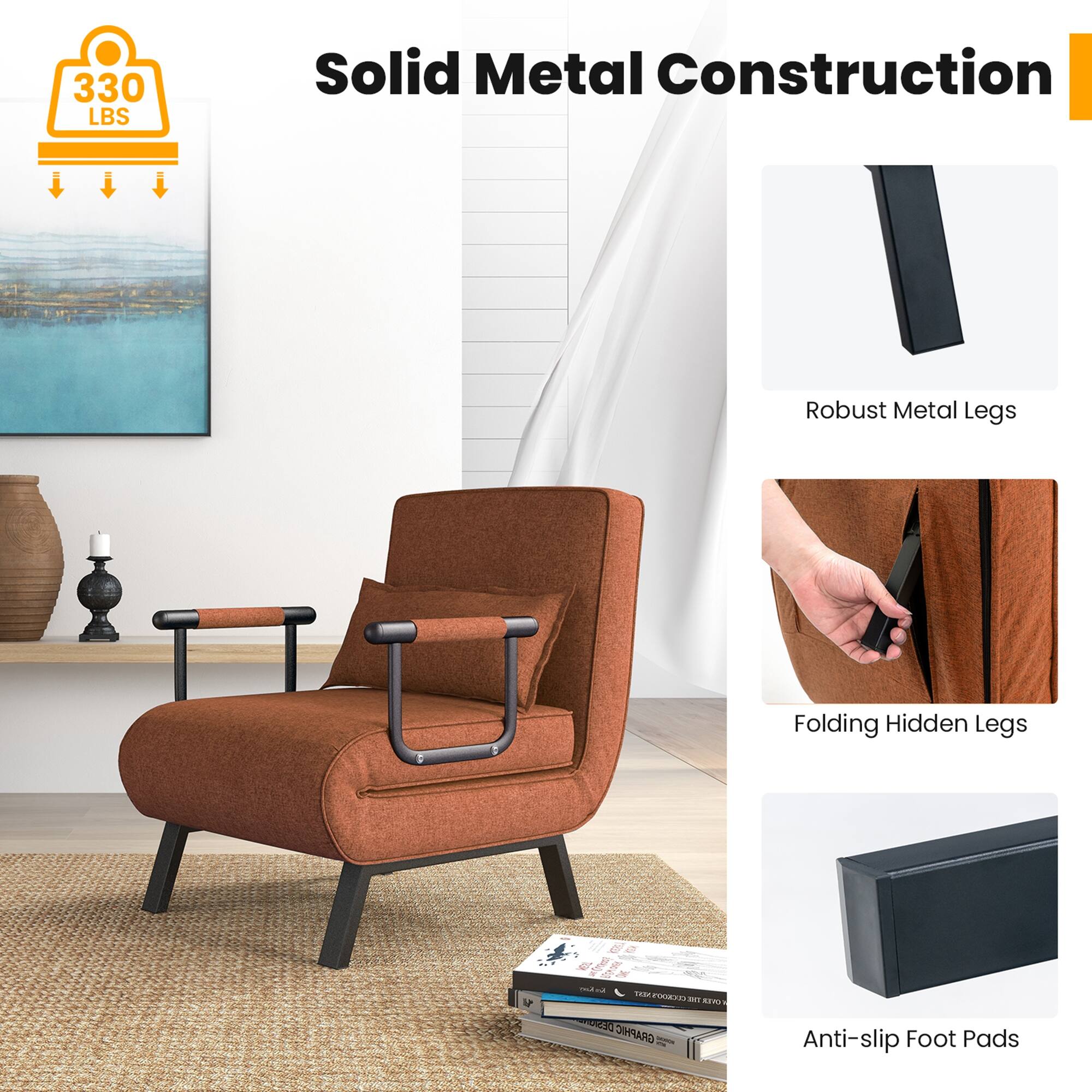 Solid Metal Construction

330 LBS

- Robust Metal Legs
- Folding Hidden Legs
- Anti-slip Foot Pads