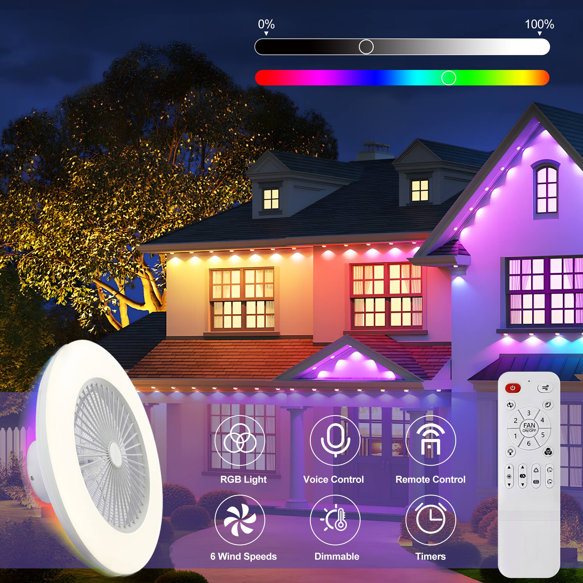 - 0% 100%
- RGB Light
- Voice Control
- Remote Control
- 6 Wind Speeds
- Dimmable
- Timers