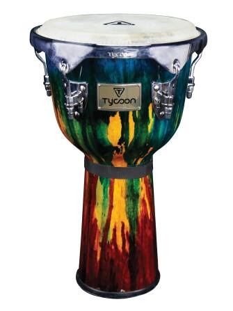 Front. Tycoon Percussion - 12" Djembe, Hand-Painted Design, 22" Tall Siam Oak Shell, Goat Skin Head, Chrome Deluxe Hoops.