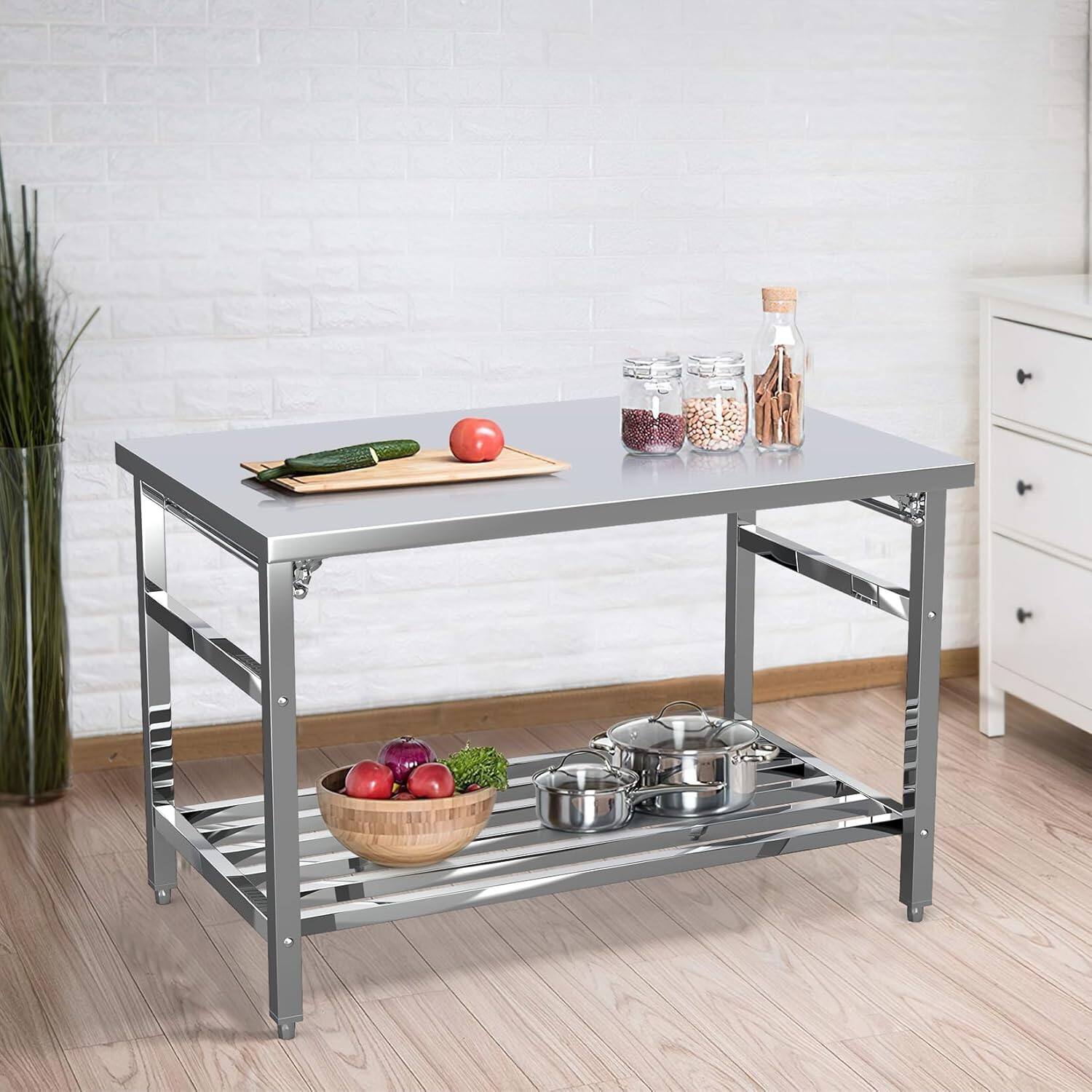 Angle. Acekool - 48" x 24" Stainless Steel Commercial Folding Work Table with Adjustable Undershelf,Heavy Duty & Space-Saving,No wheels - Silver.