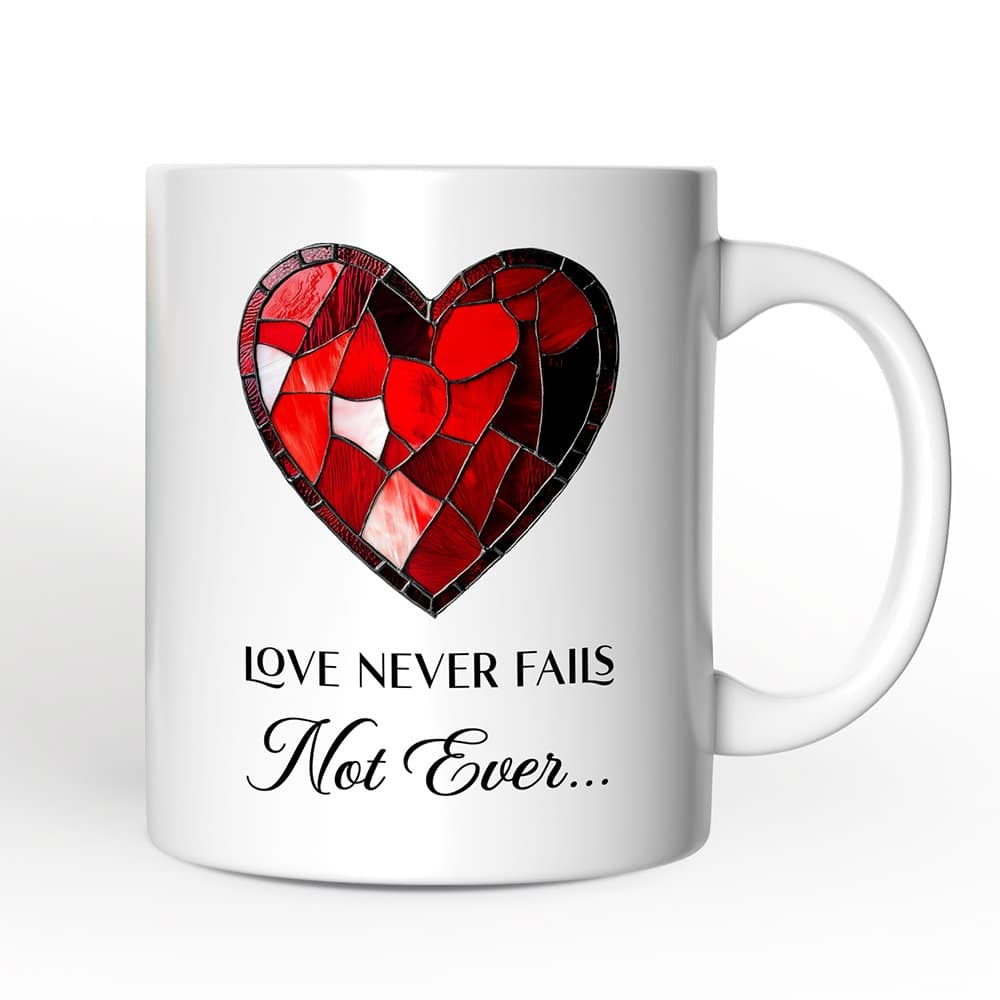 OrnamentallyYou - Heart Stained Glass Mug, Love Never Fails Gift - White