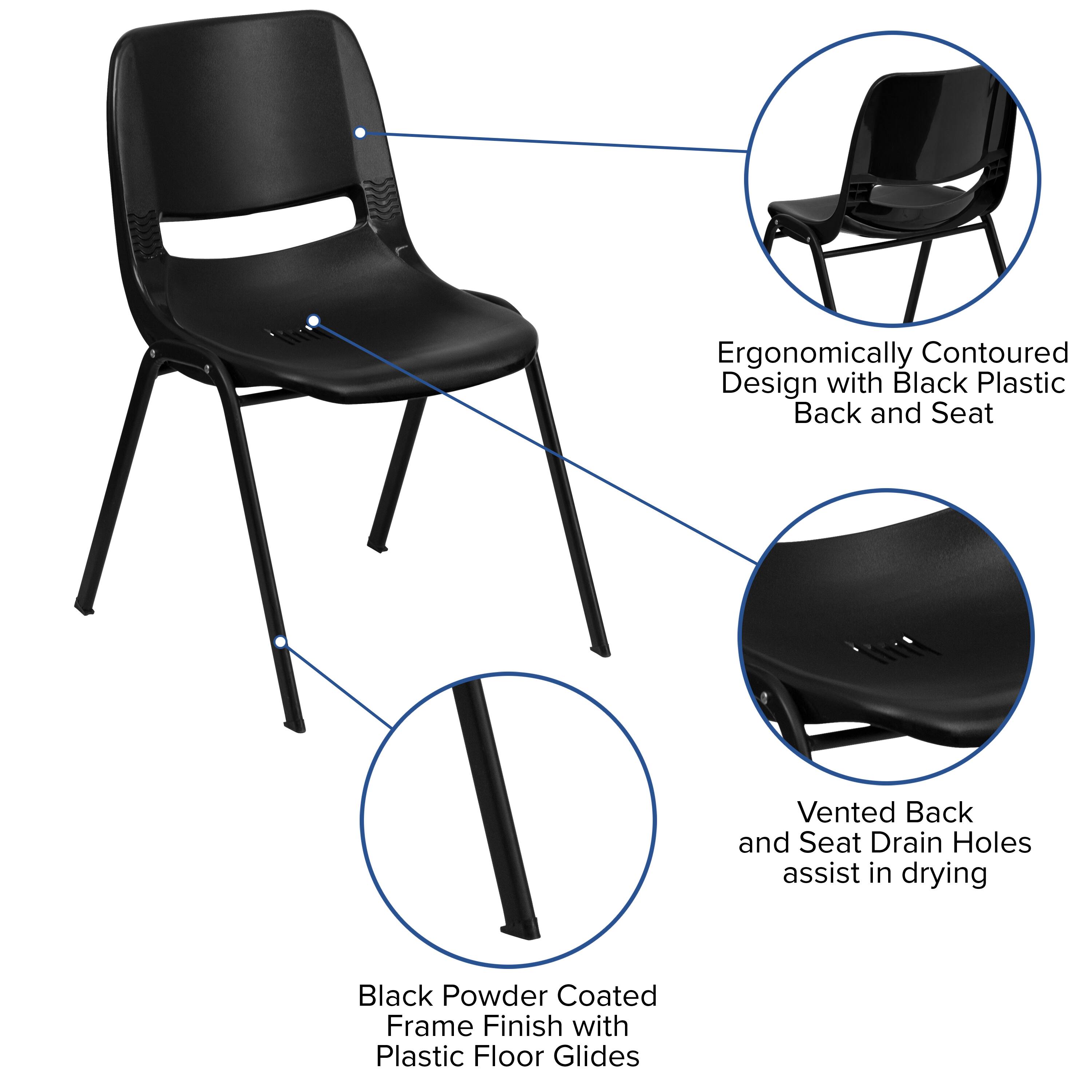Ergonomically Contoured Design with Black Plastic Back and Seat  
Vented Back and Seat Drain Holes assist in drying  
Black Powder Coated Frame Finish with Plastic Floor Glides
