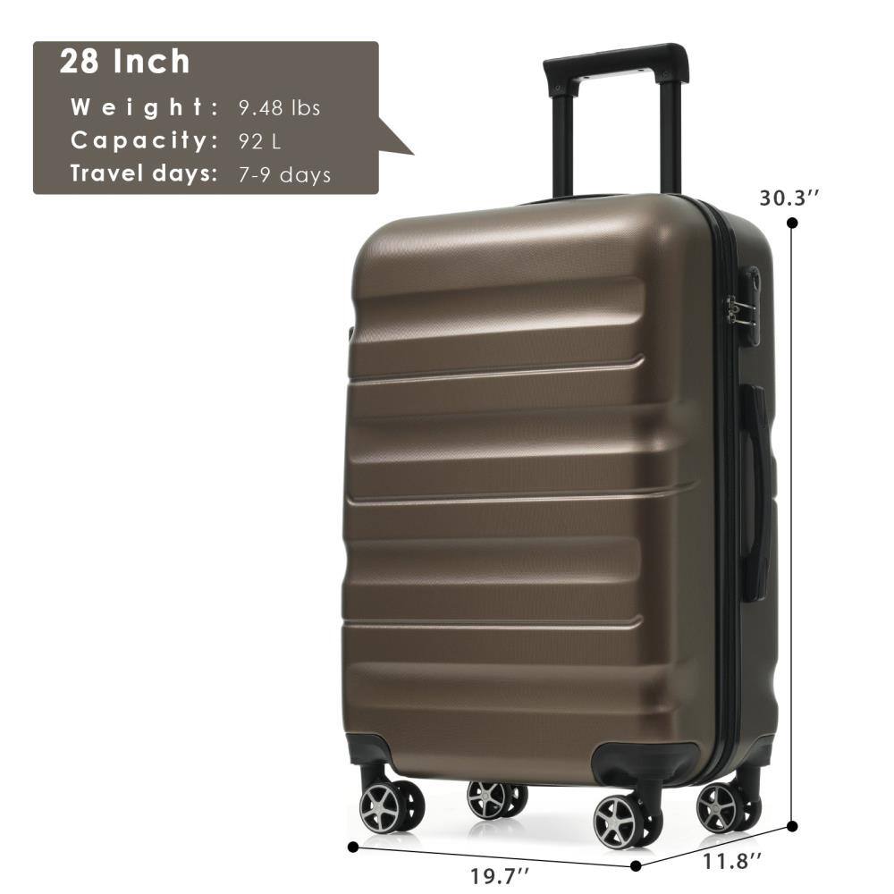 28 Inch  
Weight: 9.48 lbs  
Capacity: 92 L  
Travel days: 7-9 days  

Dimensions:  
Height: 30.3"  
Width: 19.7"  
Depth: 11.8"