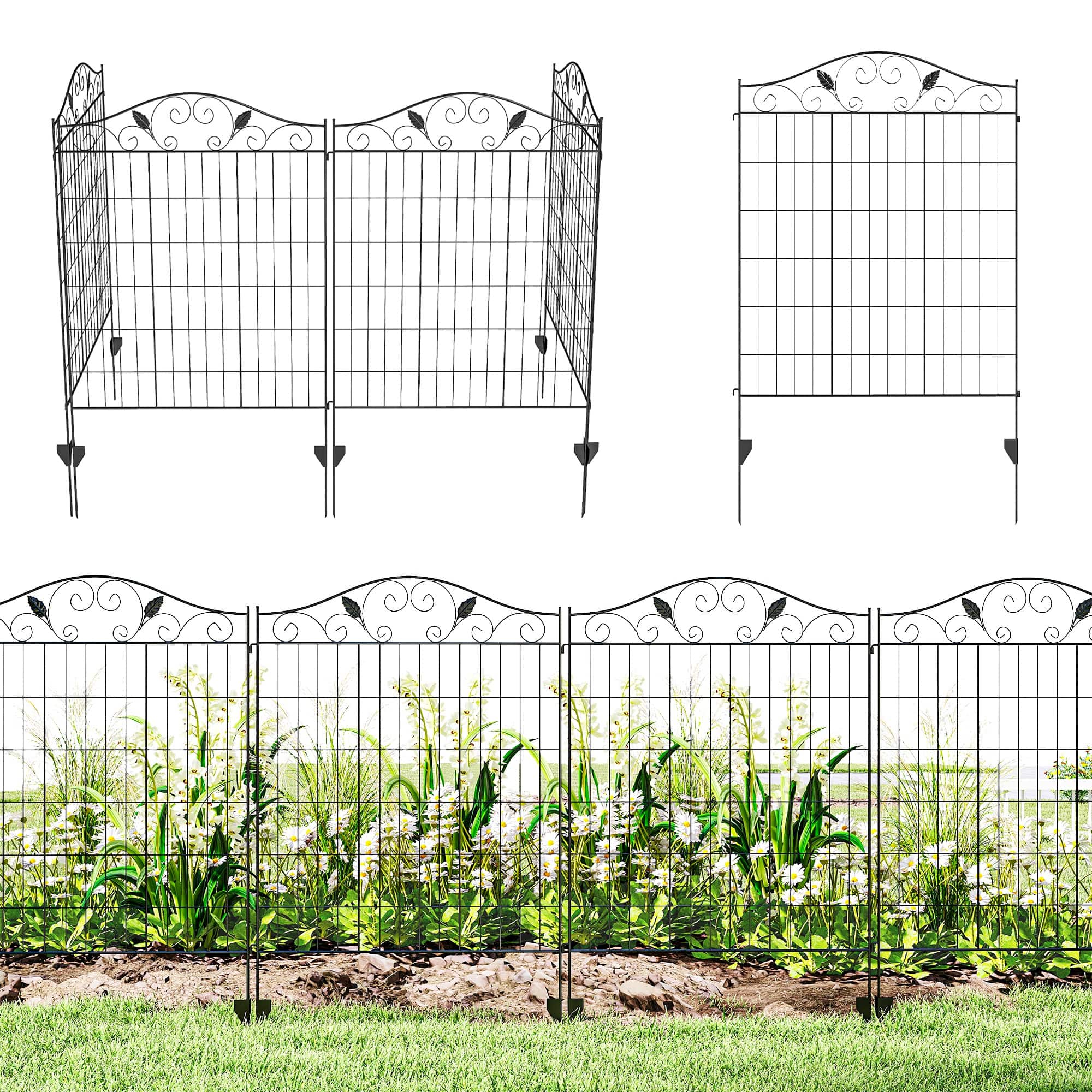 Outsunny - Garden Fence, 4 Pack, 44 in(H) x 12 ft(L) Folding Garden Fence Border, No Dig Ground Stake Metal Fence Panels - Black
