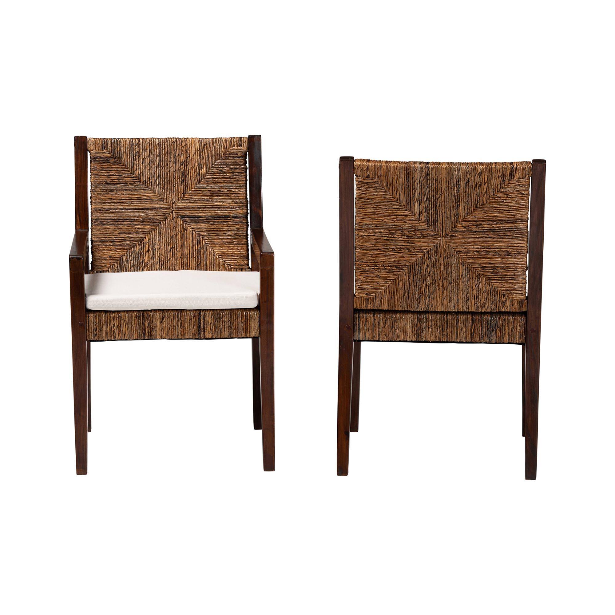 Angle. bali & pari - Cordoba 2-Piece Handwoven Seagrass Armchairs - Solid Mango Wood Frame Dining Chair with Woven Seat and Backrest - Natural Brown/Dark Brown.