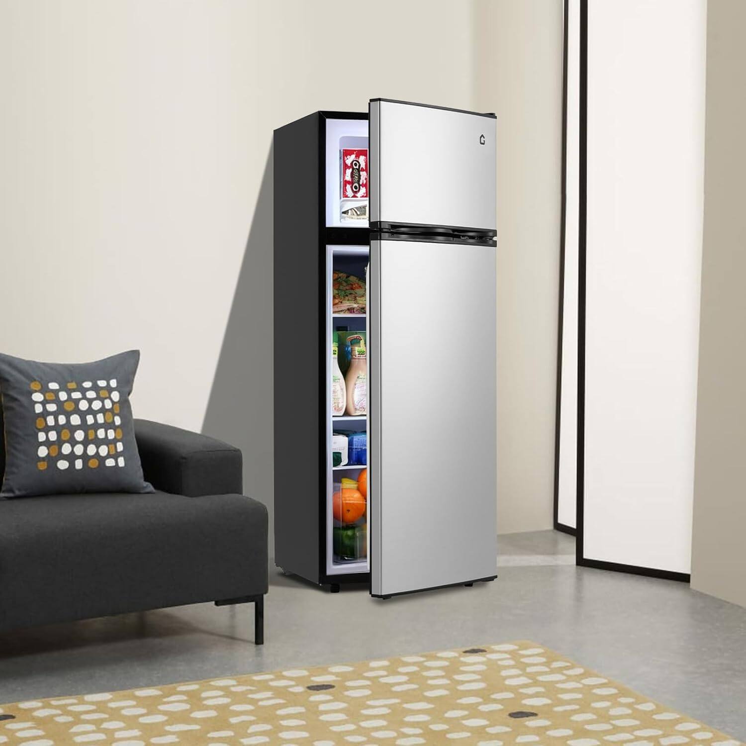 Left. GARVEE - 7.5 Cu.Ft. Refrigerator with Freezer Mini Fridge 2 Door Fridge Large Capacity Food Storage Cooling drinks Apartment Dorm - sliver.
