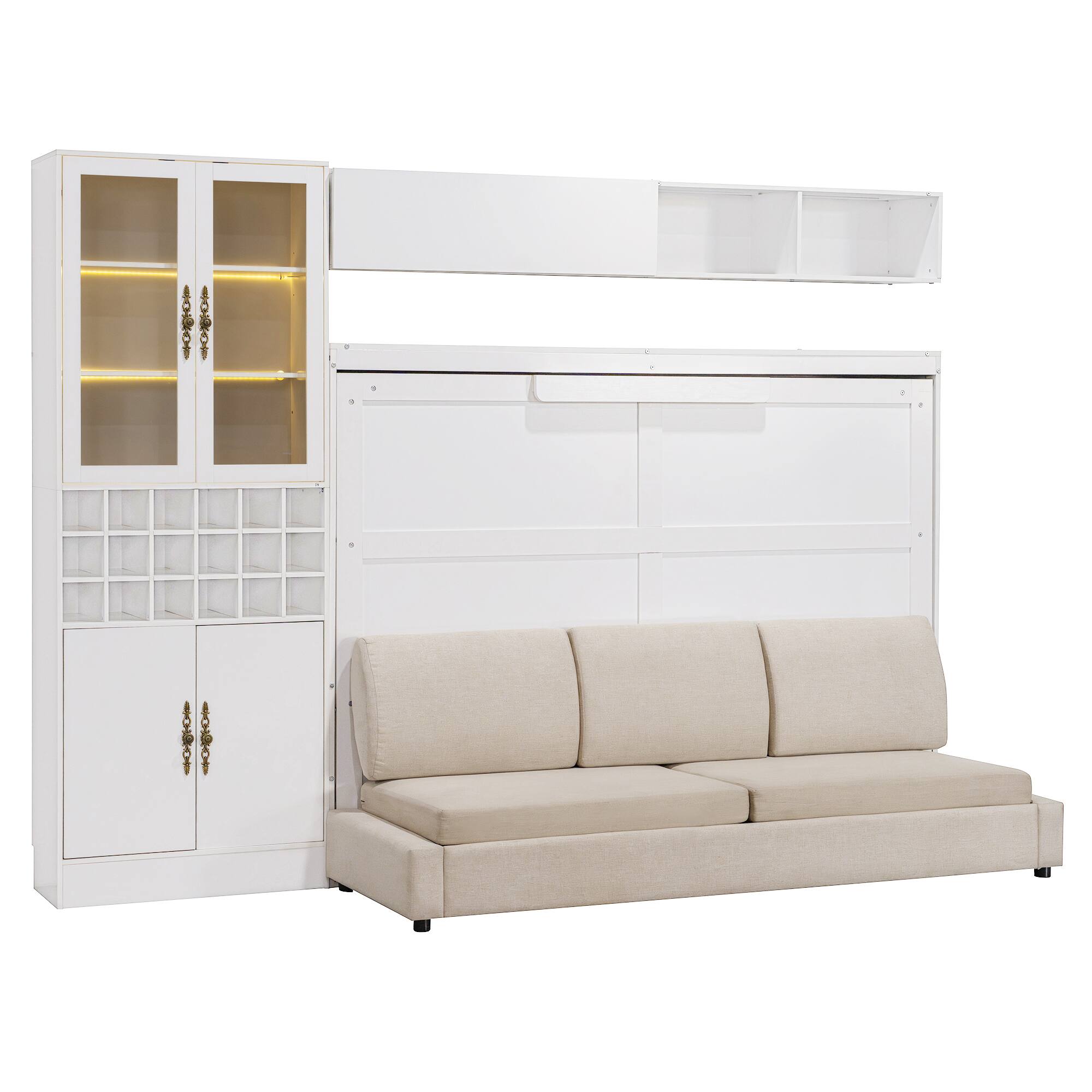 Alt View 6. Tiramisubest - Full Size Murphy Bed with Sofa, Shelves, USB & Light, White, 114"x63"x84", 455 lbs - White.