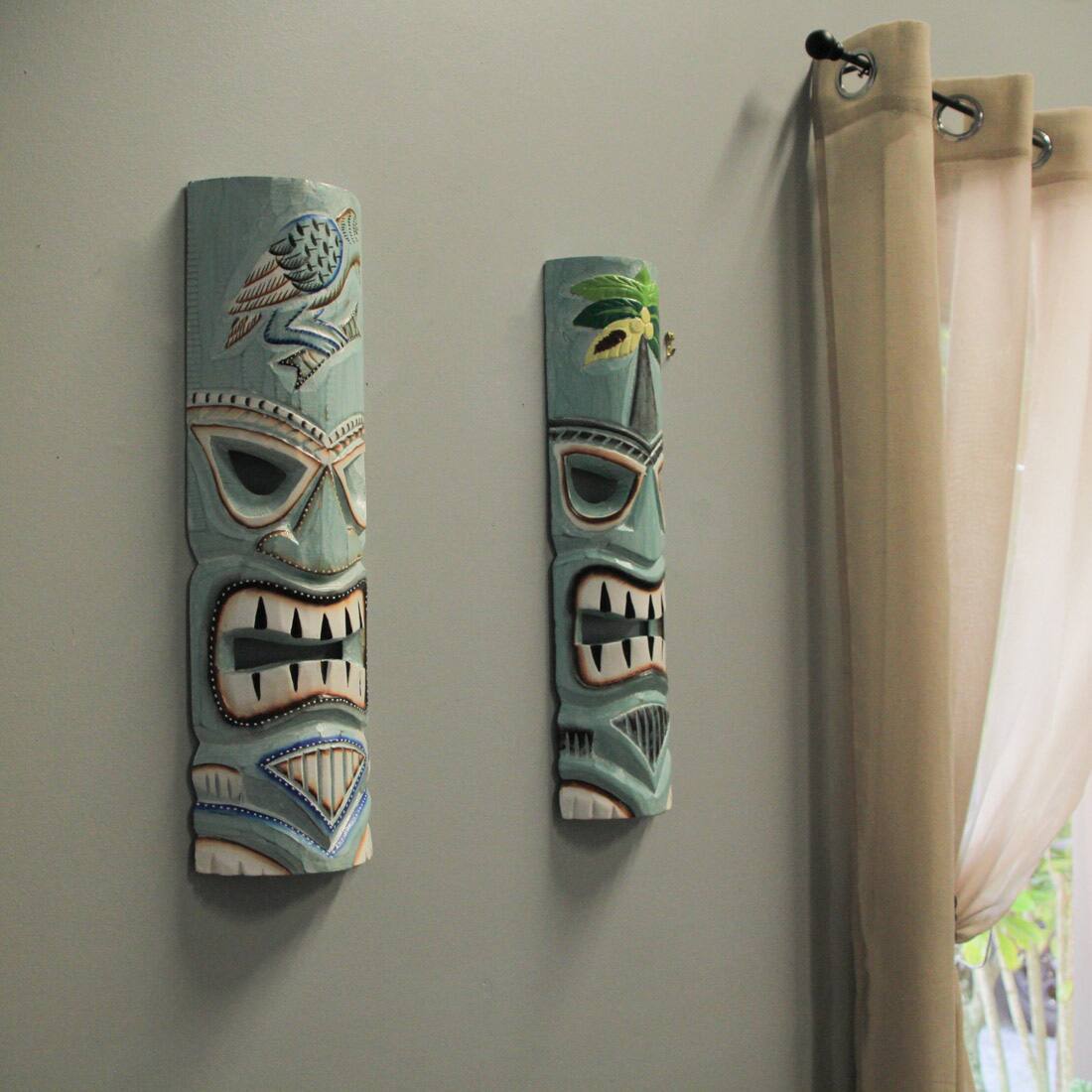 Alt View 5. Things2Die4 - Handcrafted Aqua Blue Parrot & Palm Tree Wooden Tiki Mask Wall Hangings – 20 Inches High - Set of 2 - Blue.