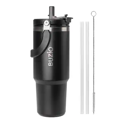 Angle. Buzio - 30oz Tumbler water bottle with Handle - Black.