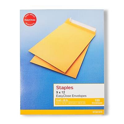 Staples  
9 x 12 EasyClose Envelopes  
Kraft - 28 lb.  
9 in x 12 in (22.9 cm x 30.5 cm)  
100 Envelopes  
ST381970
