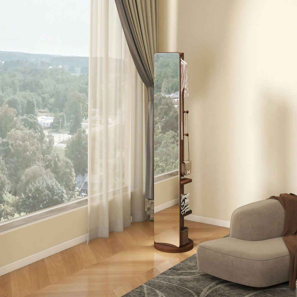 Alt View 5. Kadyn - 66"x14" 360° Rotating Multifunctional Mirror, Solid Wood Mirror with Hook Storage & Coat Rack for Bedroom/Cloakroom.