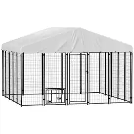 Pawhut - 9.8'x9.8'x6.8' Outdoor Dog Kennel, Welded Wire Run, 360° Rotating 4 Level Bowls, Waterproof Cover, S&M&L Dogs