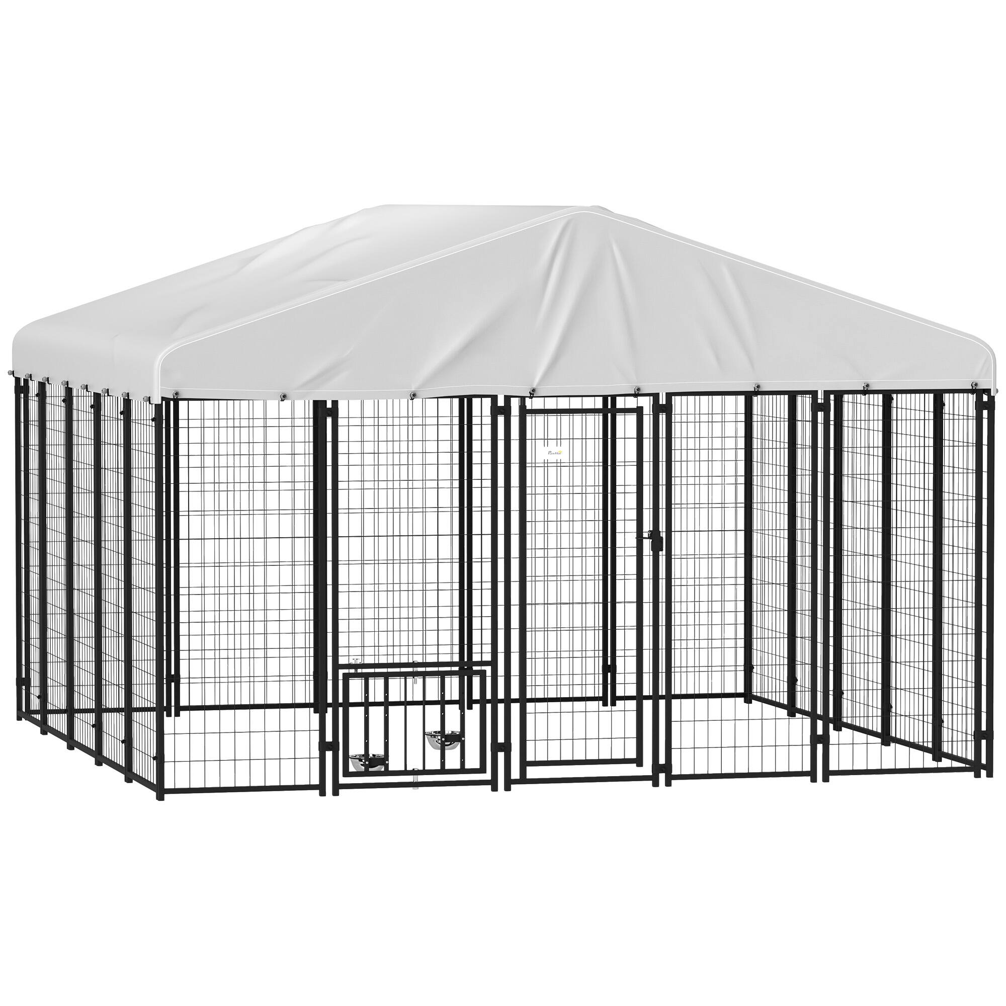 Front. Pawhut - 9.8'x9.8'x6.8' Outdoor Dog Kennel, Welded Wire Run, 360° Rotating 4 Level Bowls, Waterproof Cover, S&M&L Dogs.