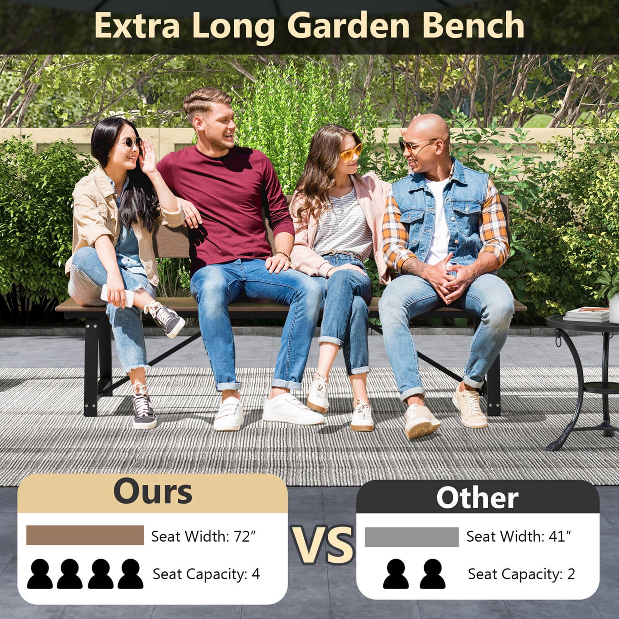 Extra Long Garden Bench

Ours
Seat Width: 72"
Seat Capacity: 4

VS

Other
Seat Width: 41"
Seat Capacity: 2