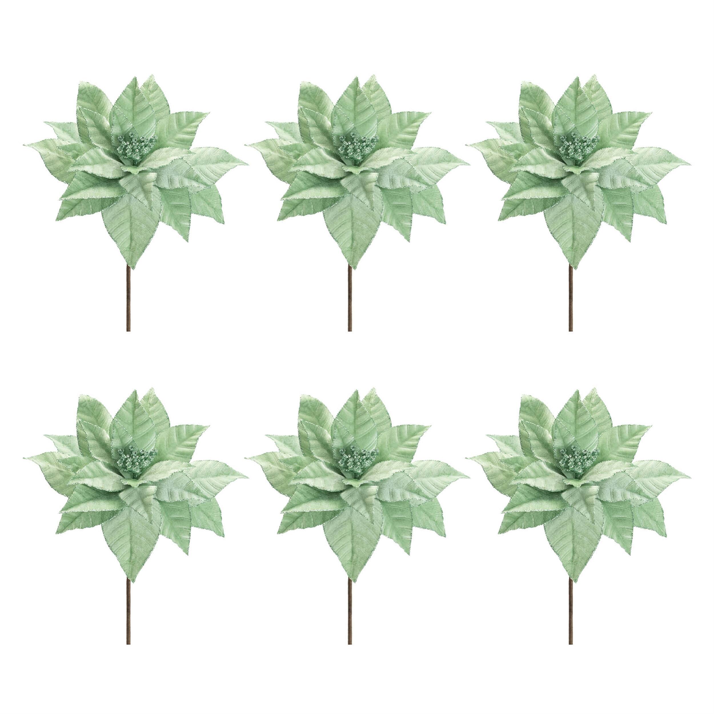 Left. BreeBe - Glittered Poinsettia Flower Stem (Set of 6) - Green.