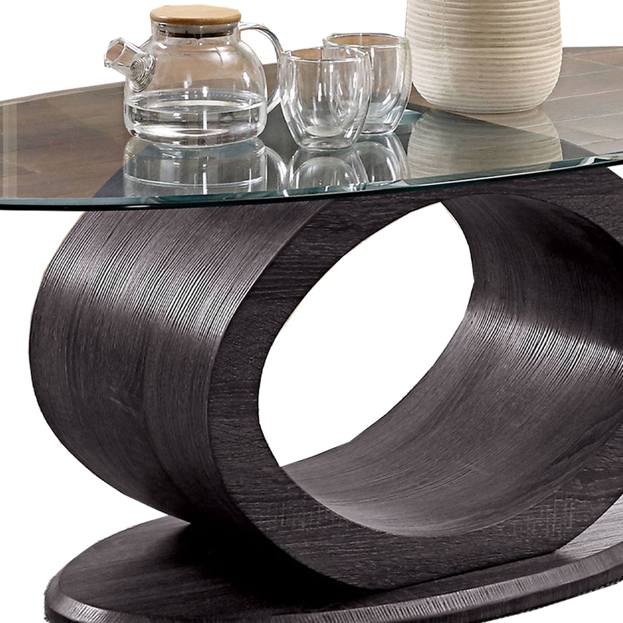 Alt View 3. Manhattan Lane - Tempered Glass Top Coffee Table with O Shape Wooden Shape Base - Gray.