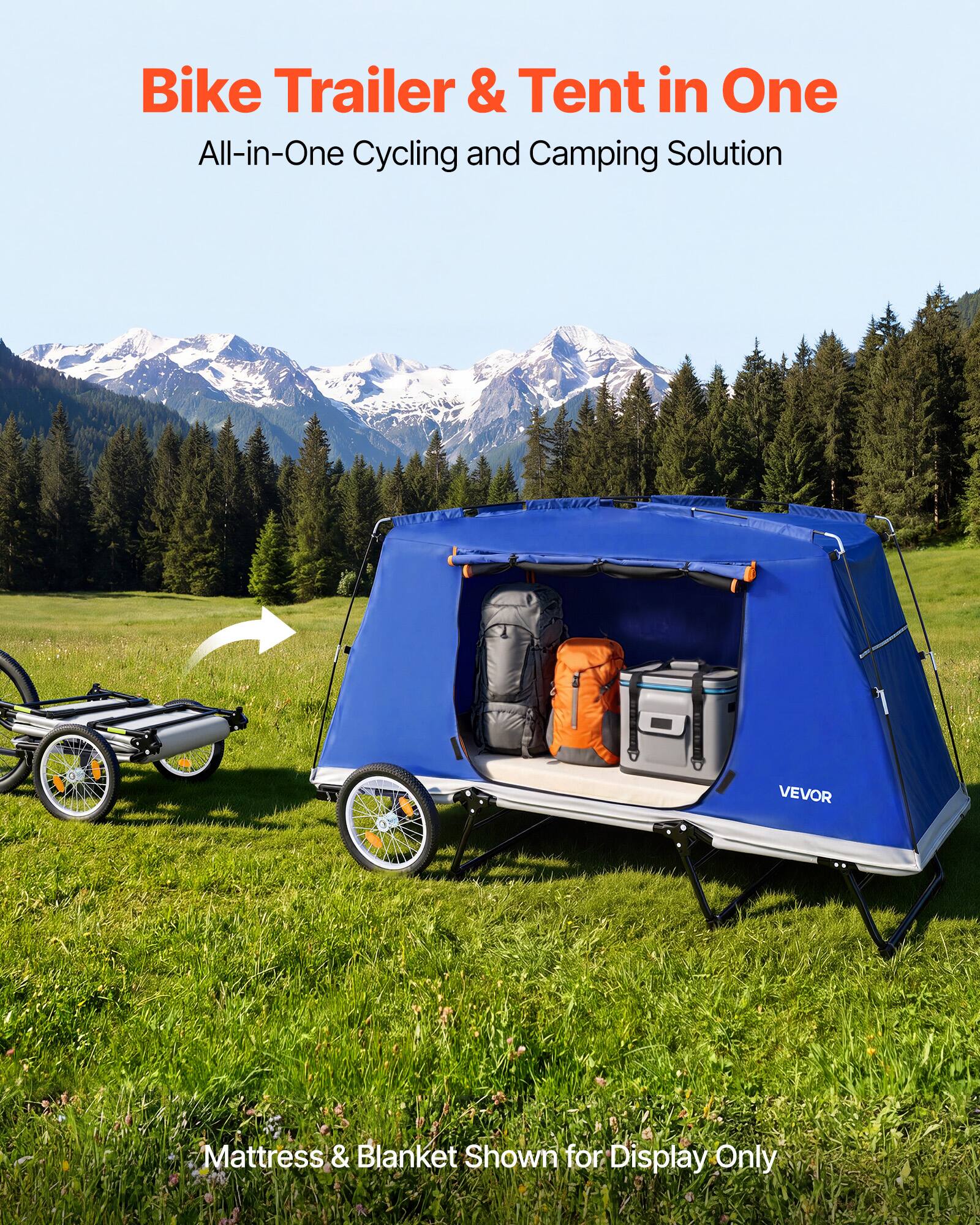 Bike Trailer & Tent in One  
All-in-One Cycling and Camping Solution  

Mattress & Blanket Shown for Display Only