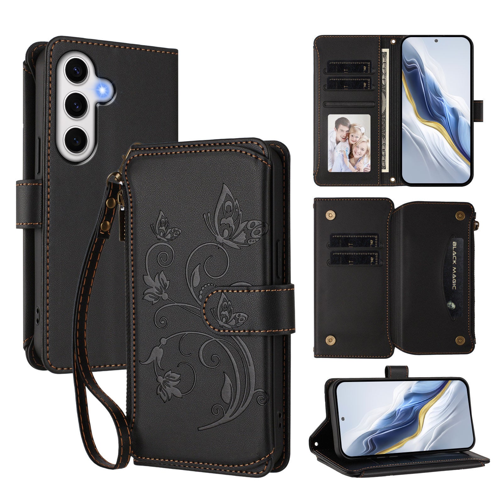 Dteck - Crossbody Wallet Case for Samsung Galaxy S24 FE,Embossed Butterfly Flower Folio Cover with Zipper Pocket+Strap - Black price history on PriceWatchPro